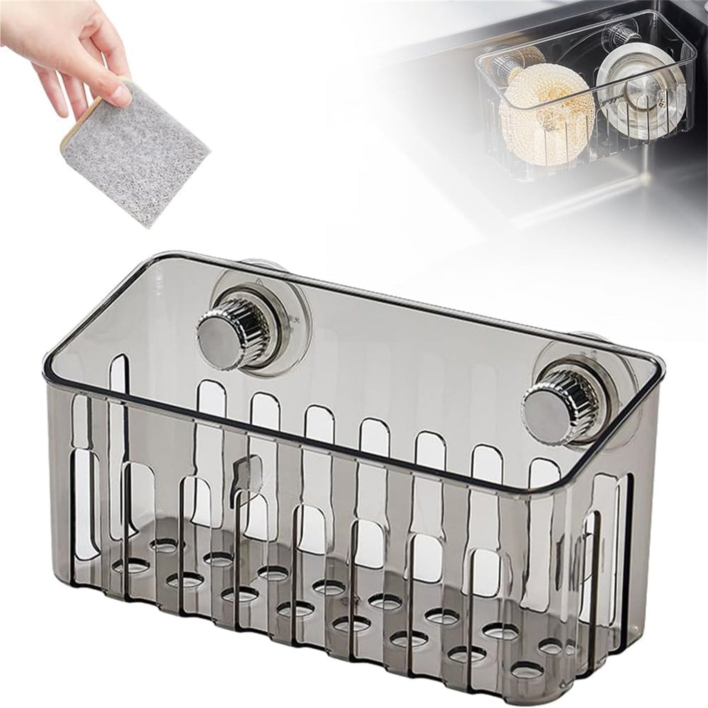 Kitchen Sponge Holder with Suction Cups, Removable Sink Caddy Organizer for Brushes, Dishcloths, Stainless Steel Drain Rack for Countertops Clear2 3.43x7.48' 3.43" x 7.48" Clear1