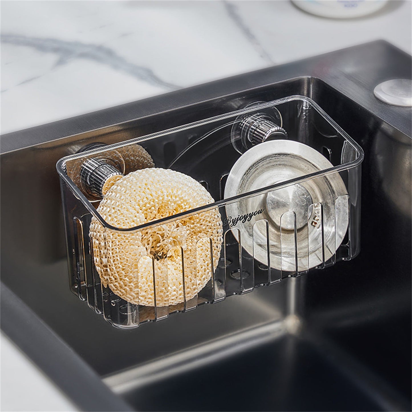 Kitchen Sponge Holder with Suction Cups, Removable Sink Caddy Organizer for Brushes, Dishcloths, Stainless Steel Drain Rack for Countertops Clear2 3.43x7.48' 3.43" x 7.48" Clear2