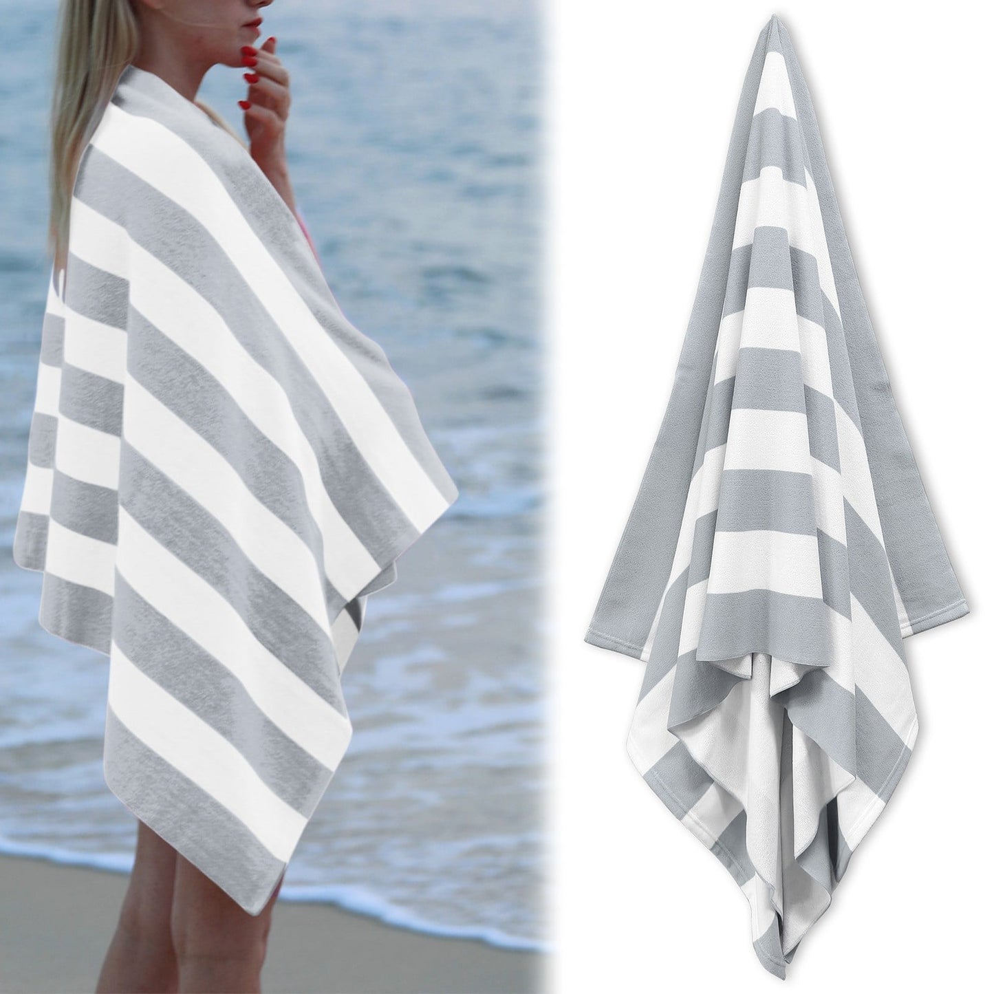 Large Oversized Beach Towel - Big Size Cotton 35 x 70 Inch Striped Pool Towel, Large Cabana Soft Swimming Towel for Adult Men Women, (Light Blue) 35" x 70" Grey