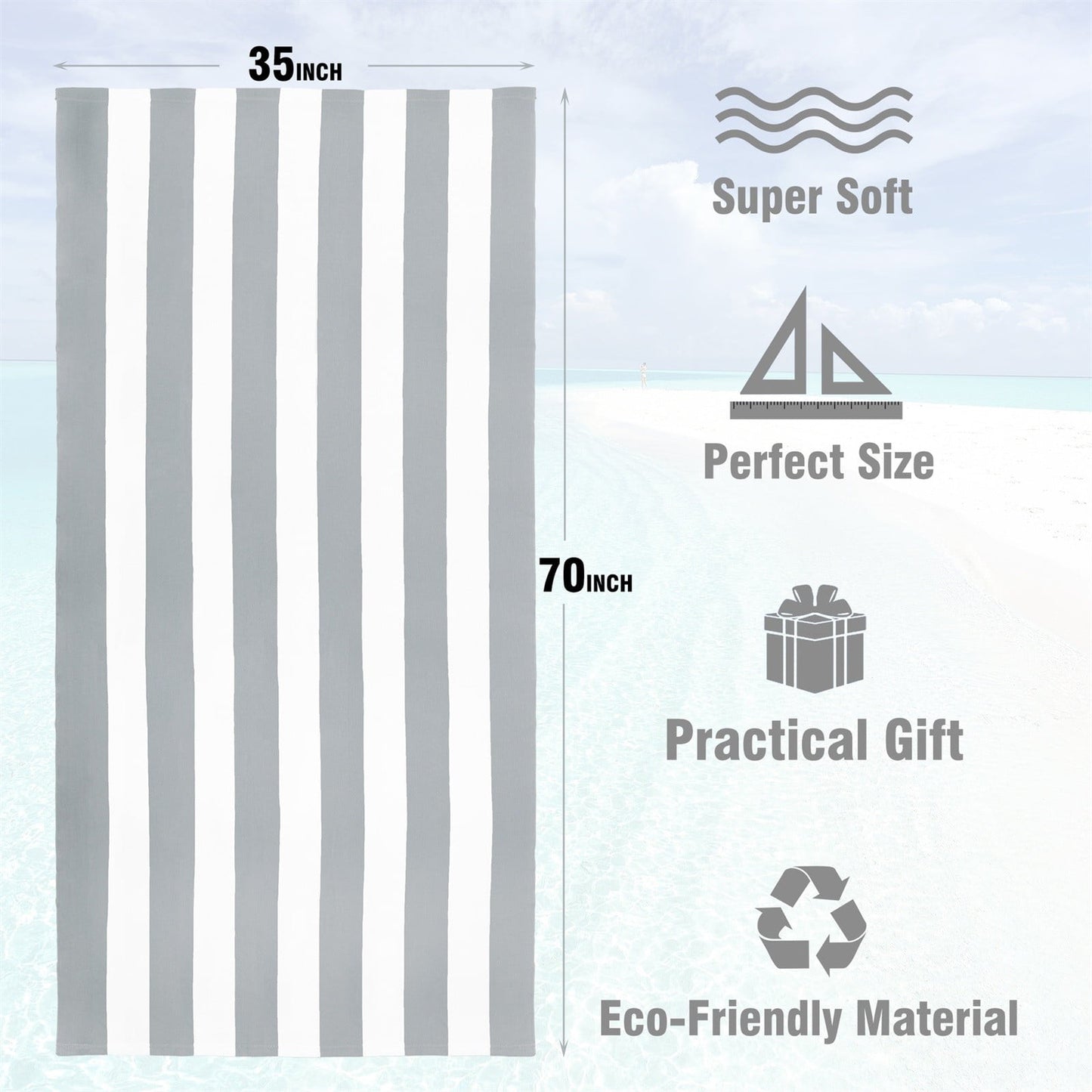 Large Oversized Beach Towel - Big Size Cotton 35 x 70 Inch Striped Pool Towel, Large Cabana Soft Swimming Towel for Adult Men Women, (Light Blue) 35" x 70" Grey