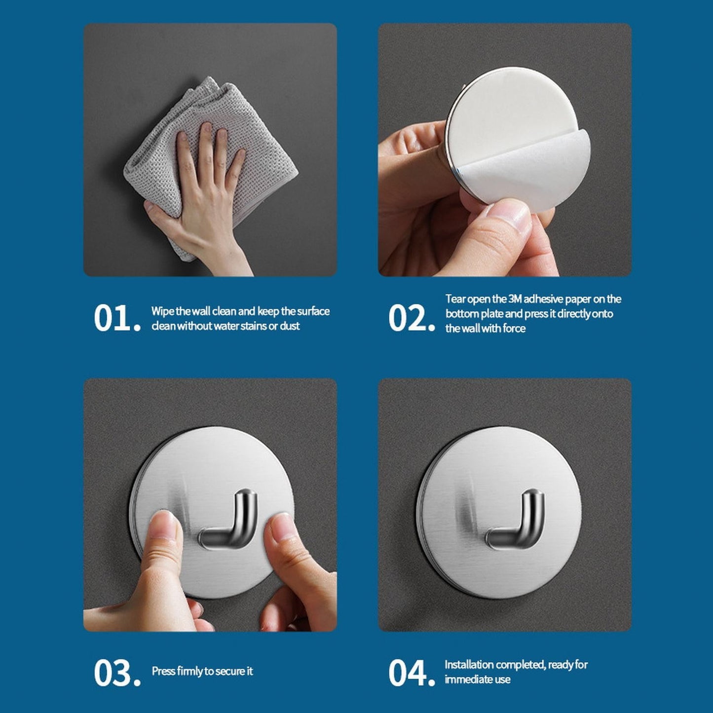 Adhesive Hooks Heavy Duty Waterproof in Shower Hooks for Hanging Loofah, Towels Clothes for Bathroom Removable Stainless Steel Brush Nickel Adhesive Wall Hooks 4 Pcs (Sliver) 1.8x1.8 1.8" x 1.8" Silver