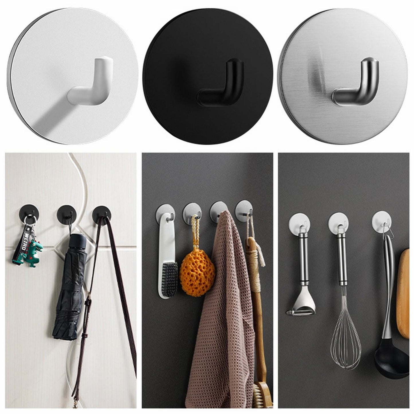 Adhesive Hooks Heavy Duty Waterproof in Shower Hooks for Hanging Loofah, Towels Clothes for Bathroom Removable Stainless Steel Brush Nickel Adhesive Wall Hooks 4 Pcs (Sliver) 1.8x1.8 1.8" x 1.8" Silver