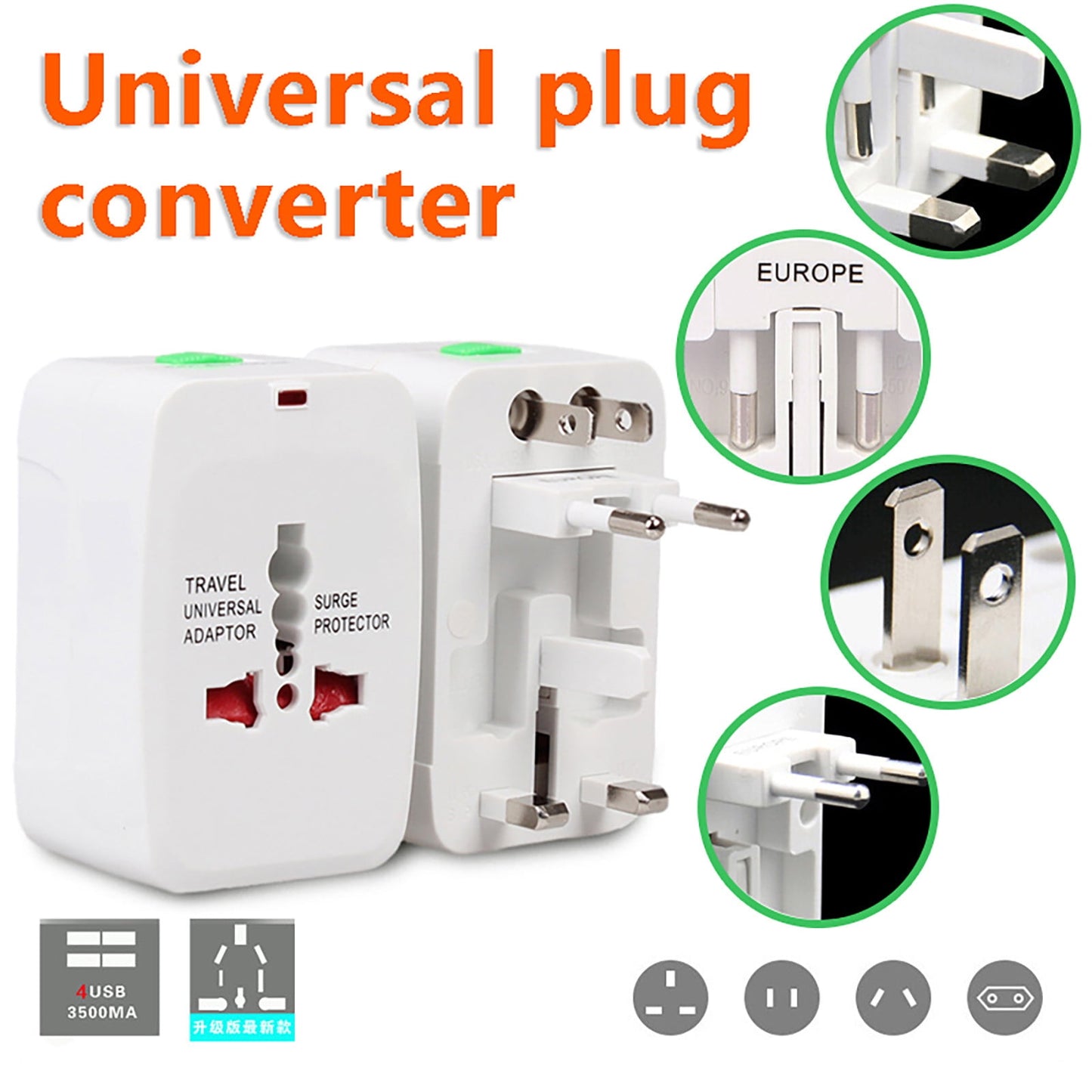 World Power Plug Adapter, 4 in 1 Universal International All in One Travel Adaptor, Portable Wall Charger Converter, Wall AC Power Plug Adapter for USA EU AUS Cell Phone Laptop