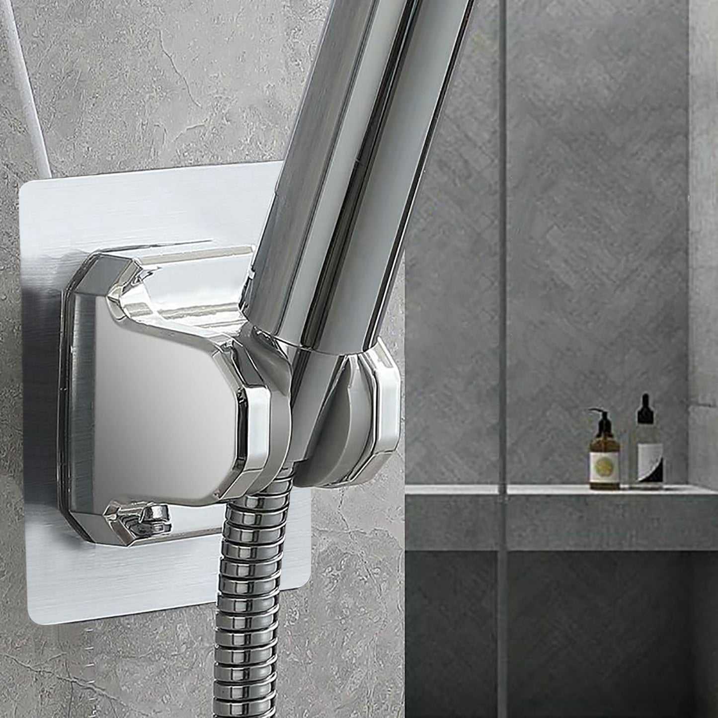 Shower Head Holder Strong Adhesive, No Drilling Wall Mount Adjustable Handheld Showerhead Bracket for RV Bathroom Shower, Fix Firmly and Use Conveniently (Silver) 3.93x2.95 3.93" x 2.95" Silver
