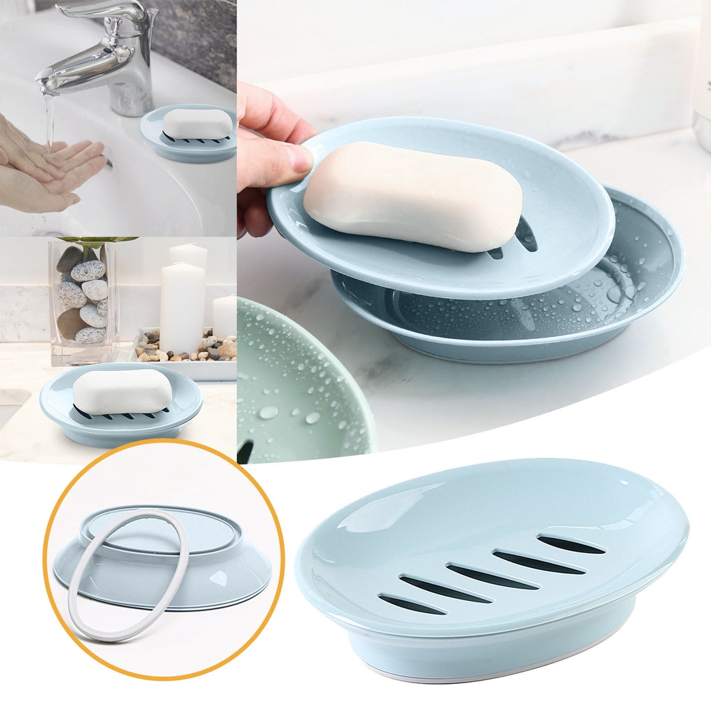 Oval Plastic Soap Dish - Double Compartment Drain Tray| Bathroom & Kitchen Soap Holder for Face & Body Soap | Oval Shaped Soap Dish for Countertop & Shower Use(Pink) Light Blue