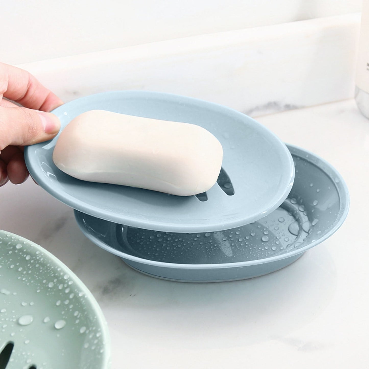 Oval Plastic Soap Dish - Double Compartment Drain Tray| Bathroom & Kitchen Soap Holder for Face & Body Soap | Oval Shaped Soap Dish for Countertop & Shower Use(Pink) Light Blue