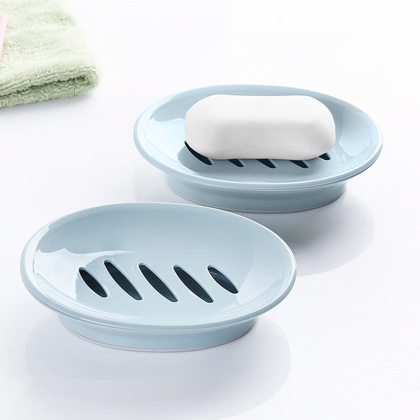 Oval Plastic Soap Dish - Double Compartment Drain Tray| Bathroom & Kitchen Soap Holder for Face & Body Soap | Oval Shaped Soap Dish for Countertop & Shower Use(Pink) Light Blue