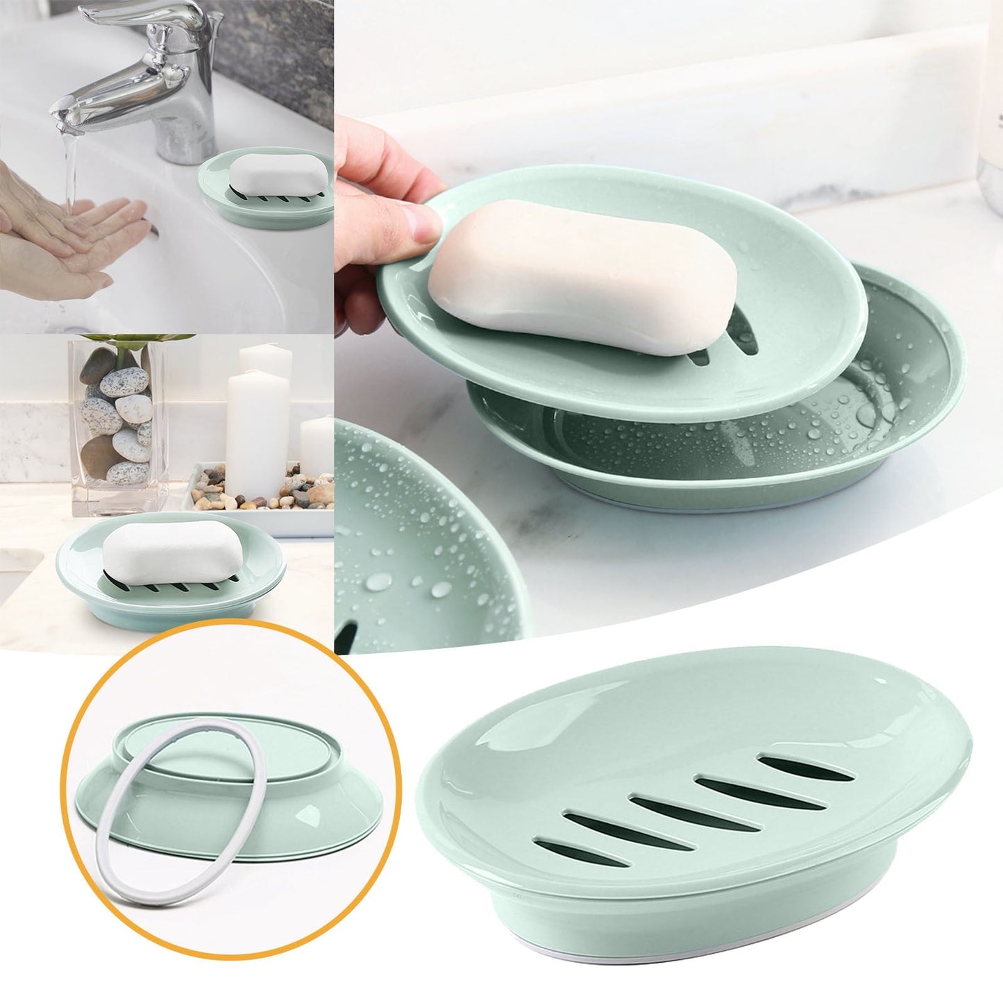 Oval Plastic Soap Dish - Double Compartment Drain Tray| Bathroom & Kitchen Soap Holder for Face & Body Soap | Oval Shaped Soap Dish for Countertop & Shower Use(Pink) Light Green