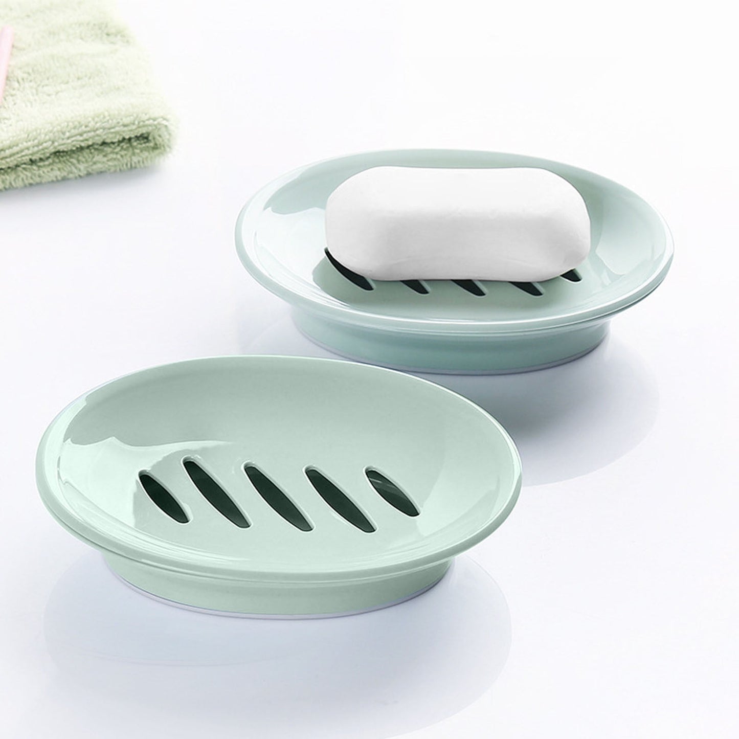 Oval Plastic Soap Dish - Double Compartment Drain Tray| Bathroom & Kitchen Soap Holder for Face & Body Soap | Oval Shaped Soap Dish for Countertop & Shower Use(Pink) Light Green