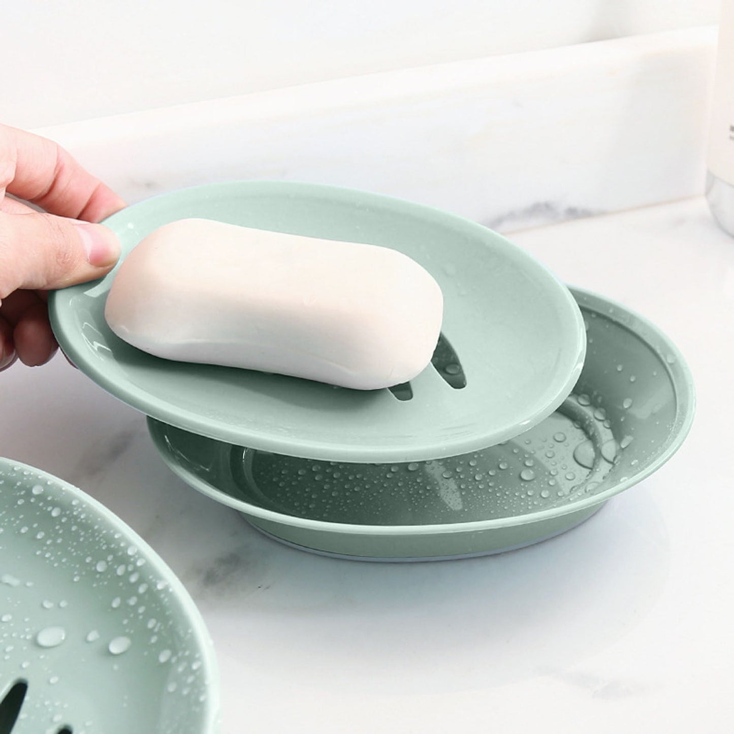 Oval Plastic Soap Dish - Double Compartment Drain Tray| Bathroom & Kitchen Soap Holder for Face & Body Soap | Oval Shaped Soap Dish for Countertop & Shower Use(Pink) Light Green