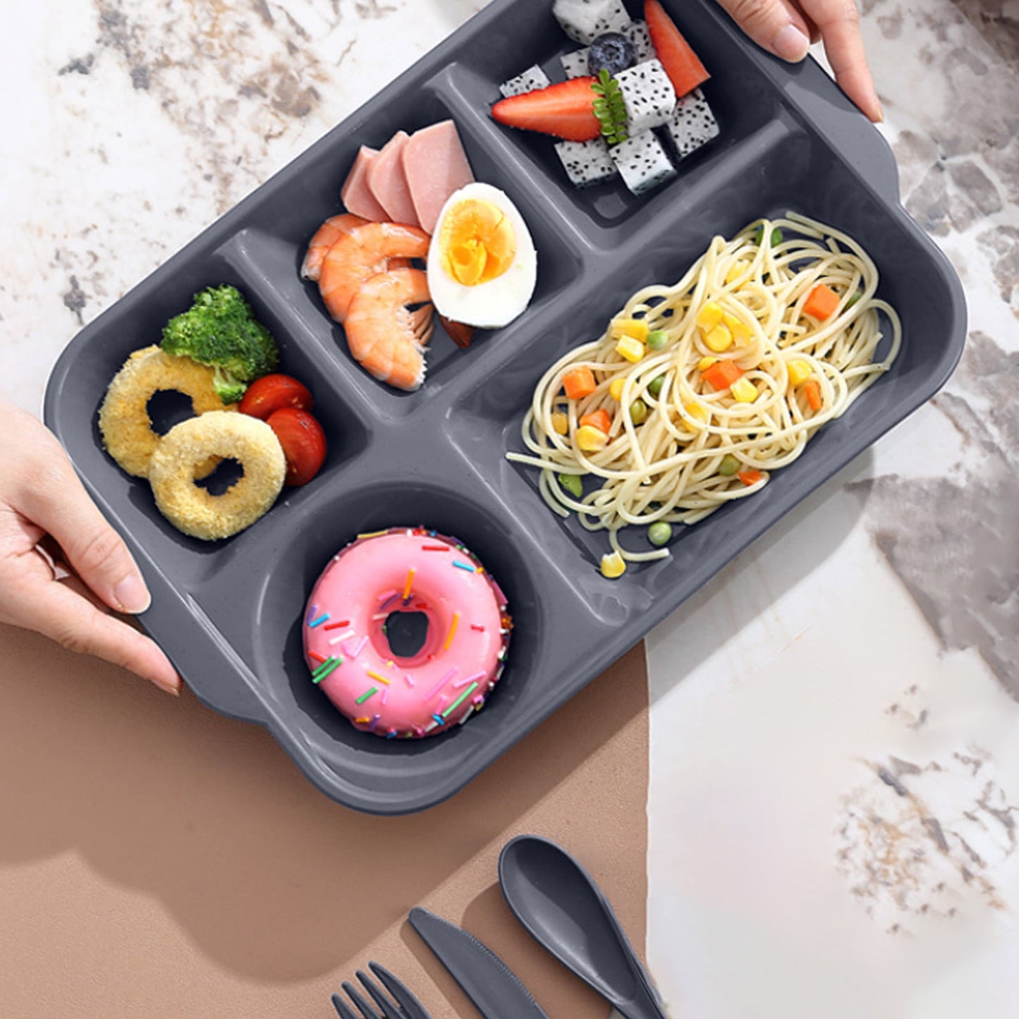 Unbreakable Divided Reusable Plastic Lunch Tray with 6 Compartments, Large Portion Control Plate for Adults, Microwave & Dishwasher Safe for Daily Meals Gray