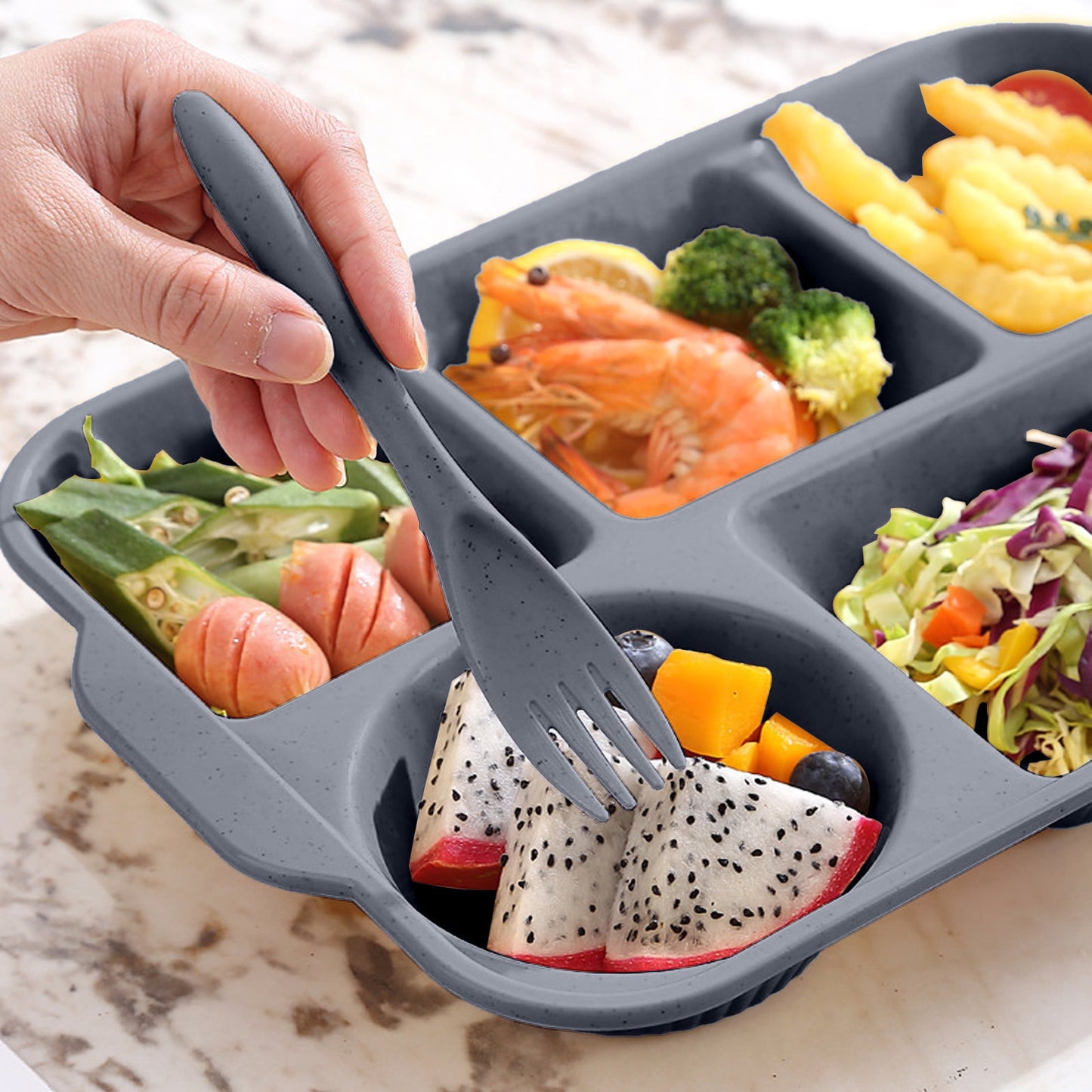 Unbreakable Divided Reusable Plastic Lunch Tray with 6 Compartments, Large Portion Control Plate for Adults, Microwave & Dishwasher Safe for Daily Meals Gray
