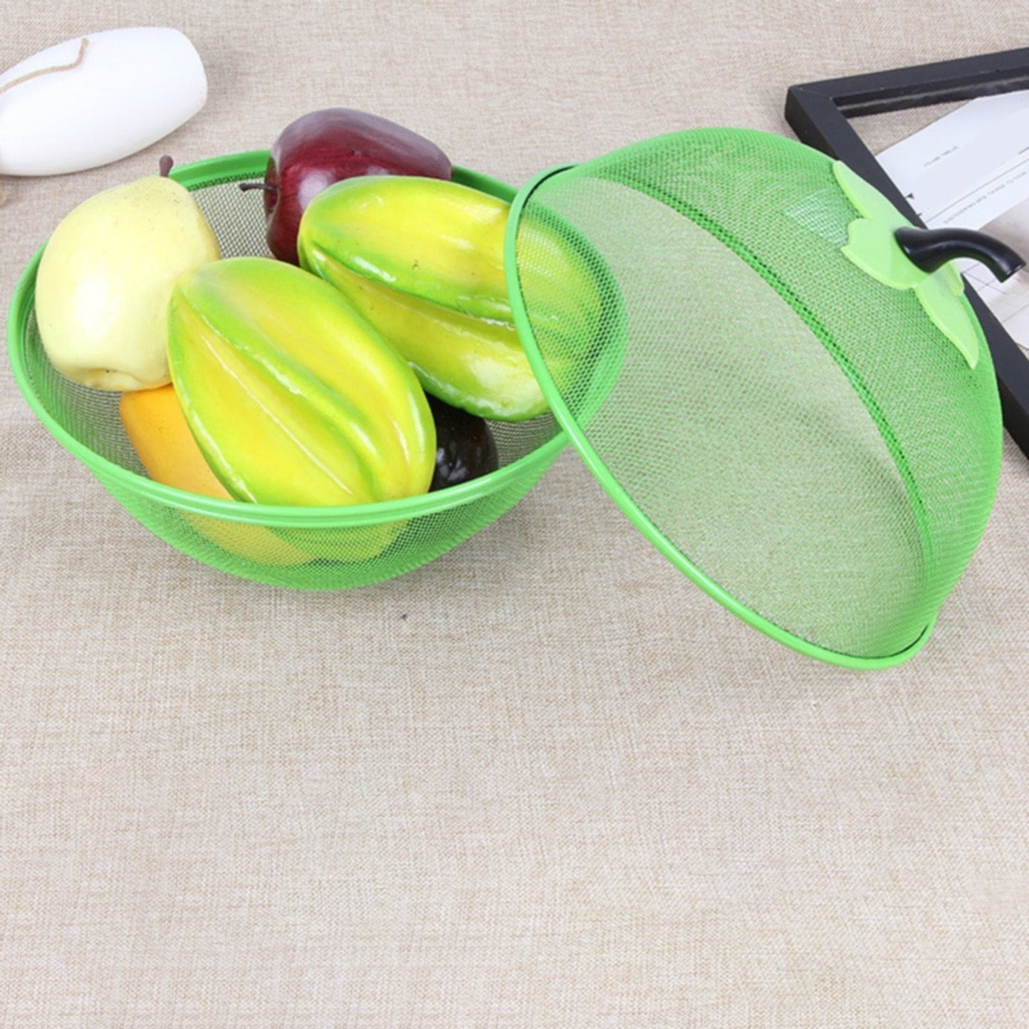Fruit Basket with Lid Mesh, Apple Shaped Fruit Bowl Cover, Protective Holder Countertop Metal Wire Against Flies, Reusable Strainer for Gift Restaurant Kitchen Food Vegetable (Green/1 Pcs) 9.44" White