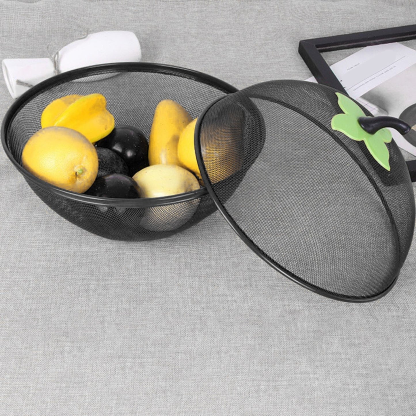 Fruit Basket with Lid Mesh, Apple Shaped Fruit Bowl Cover, Protective Holder Countertop Metal Wire Against Flies, Reusable Strainer for Gift Restaurant Kitchen Food Vegetable (Green/1 Pcs) 9.44" White
