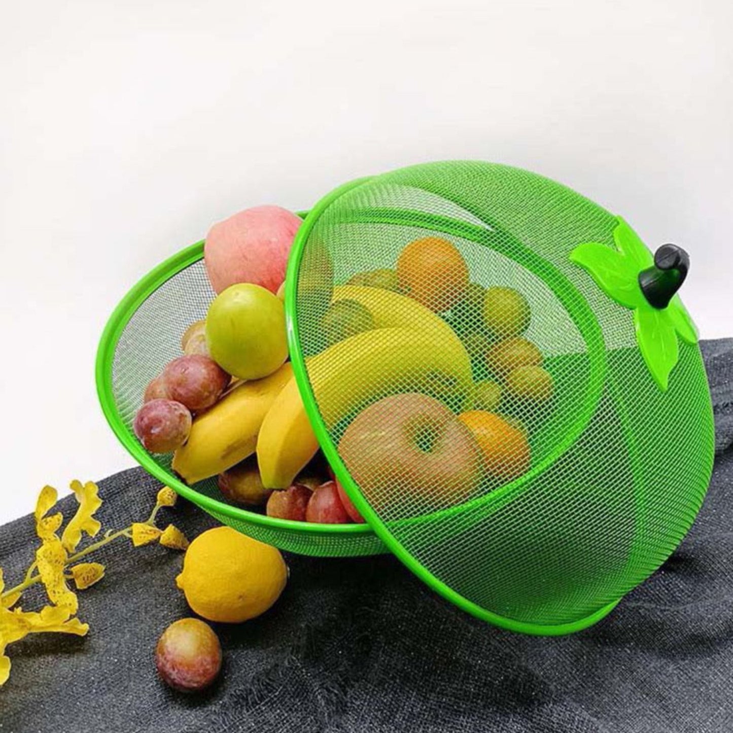 Fruit Basket with Lid Mesh, Apple Shaped Fruit Bowl Cover, Protective Holder Countertop Metal Wire Against Flies, Reusable Strainer for Gift Restaurant Kitchen Food Vegetable (Green/1 Pcs) 9.44" White