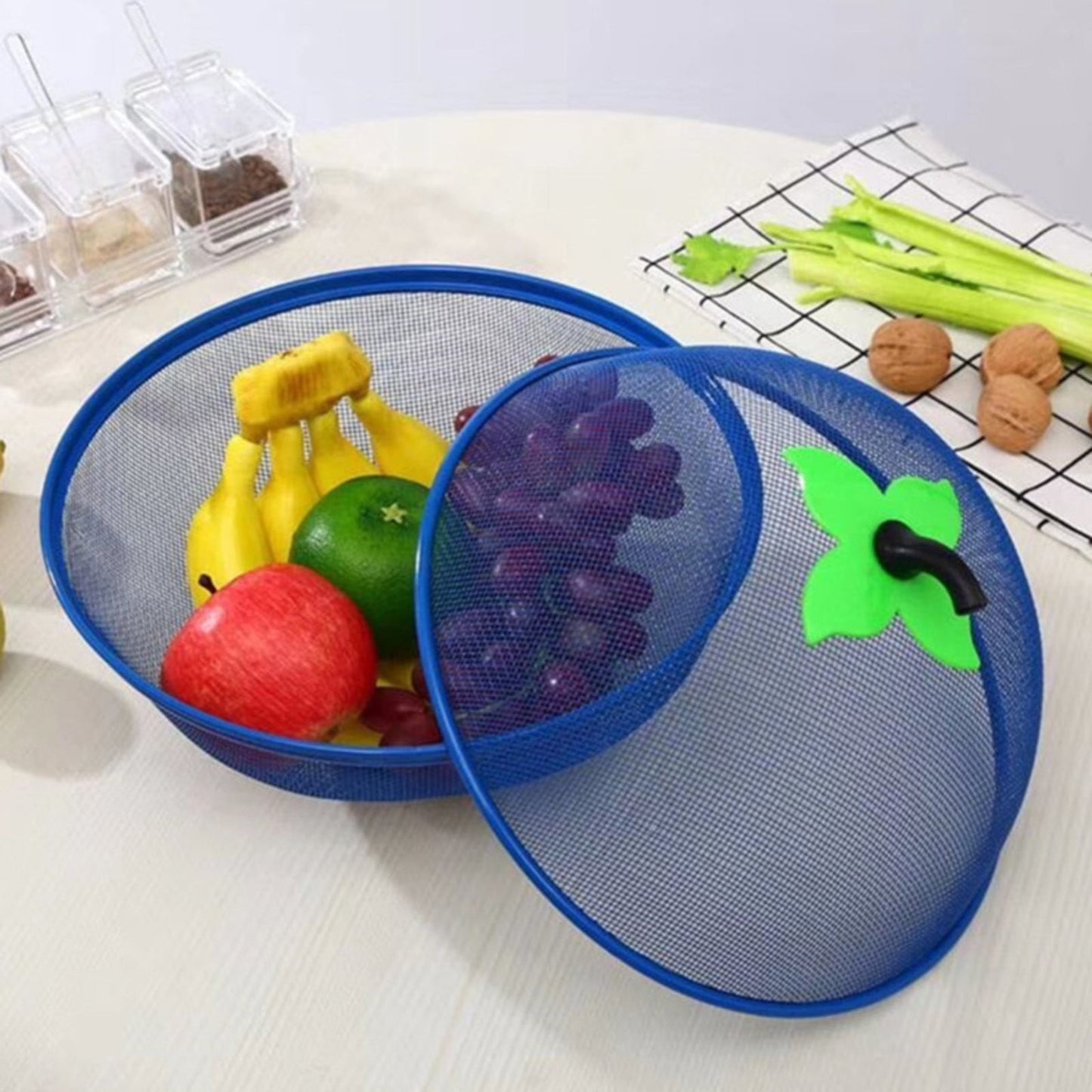 Fruit Basket with Lid Mesh, Apple Shaped Fruit Bowl Cover, Protective Holder Countertop Metal Wire Against Flies, Reusable Strainer for Gift Restaurant Kitchen Food Vegetable (Green/1 Pcs) 9.44" White