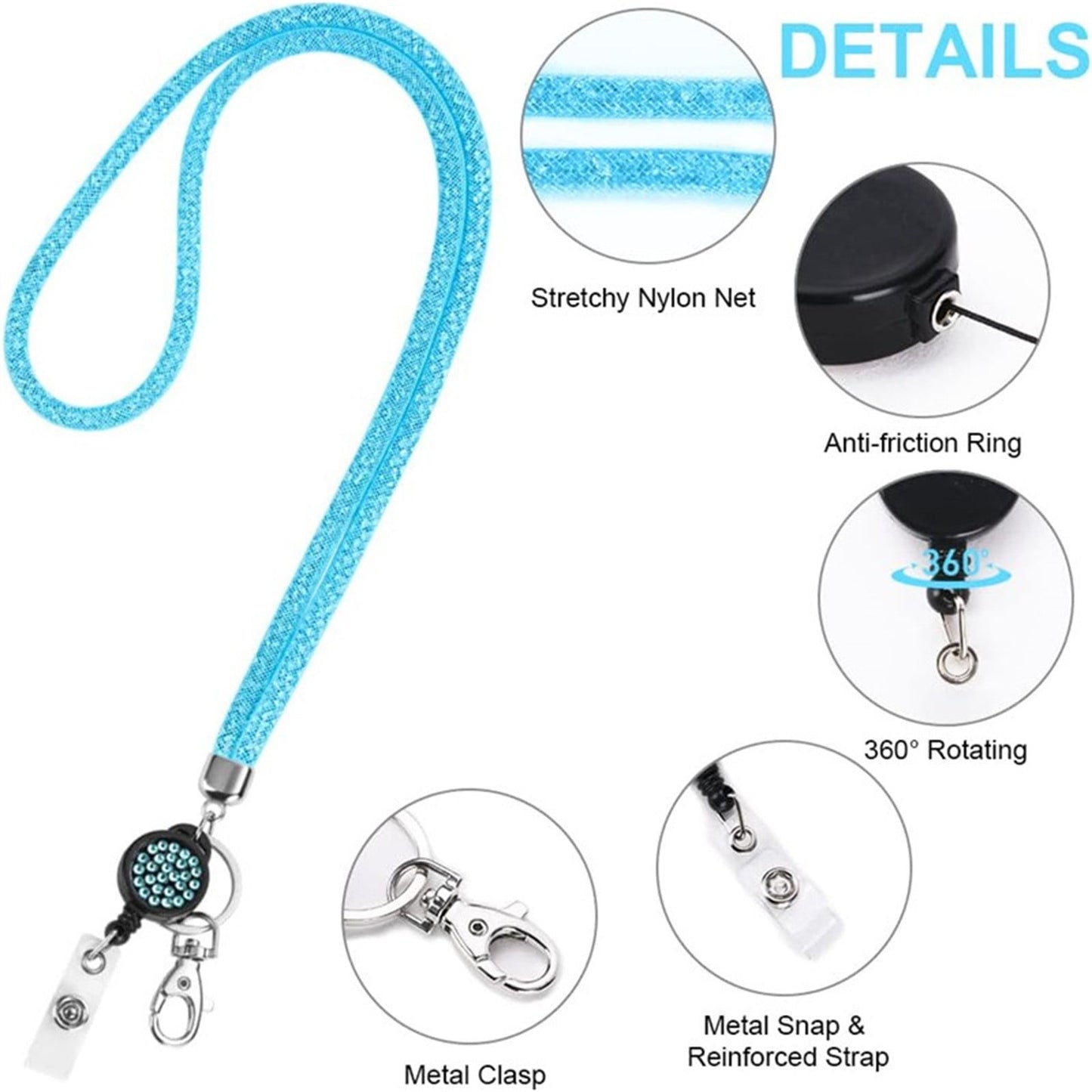 Retractable ID Badge Holder with Bling Neck Strap Lanyard, Heavy Duty Bling Badge Reel with Clear Card Holder for Office Worker Teacher Doctor (Sky Blue/1 Pcs) 3.54x2.64 3.54" x 2.64" Grey