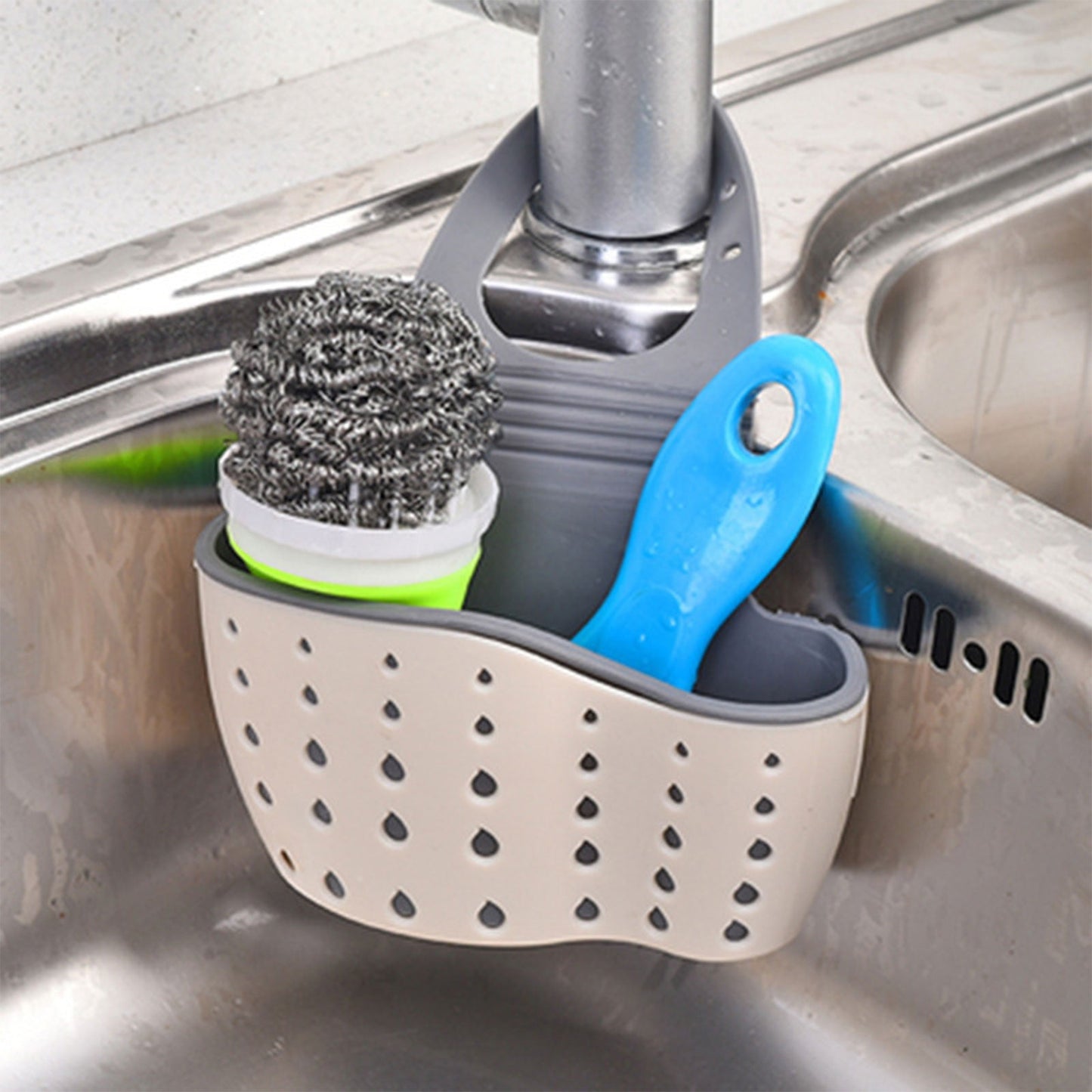 Kitchen Sink Caddy Sponge Holder, Silicone Plastic Soap Holder, Hanging Ajustable Strap Faucet Caddy with Drain Holes for Drying, 1 Pcs, 5.12x8.67 5.12" x 8.67" Green