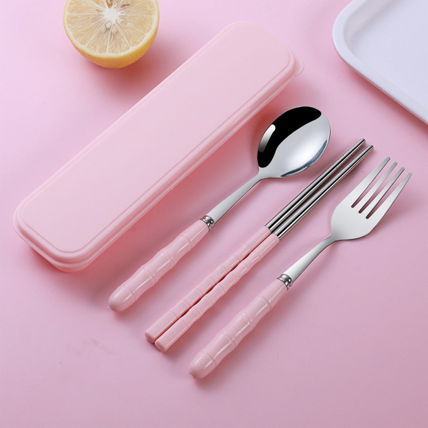 Stainless Steel Portable Cutlery Set with Case - Spoon Fork Chopsticks Utensil Kit for Office School Picnic Travel Bento Lunch, Pink