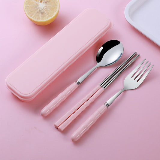 Stainless Steel Portable Cutlery Set with Case - Spoon Fork Chopsticks Utensil Kit for Office School Picnic Travel Bento Lunch, Pink