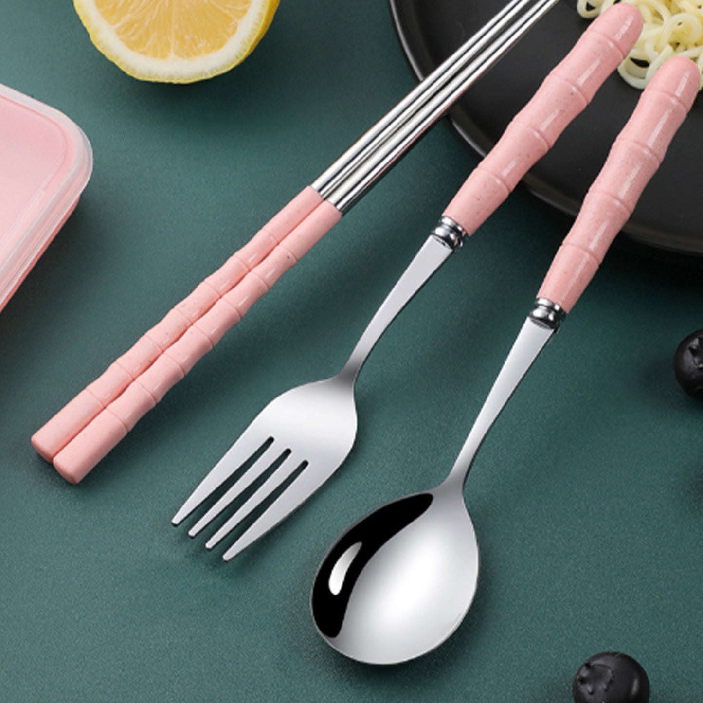 Stainless Steel Portable Cutlery Set with Case - Spoon Fork Chopsticks Utensil Kit for Office School Picnic Travel Bento Lunch, Pink