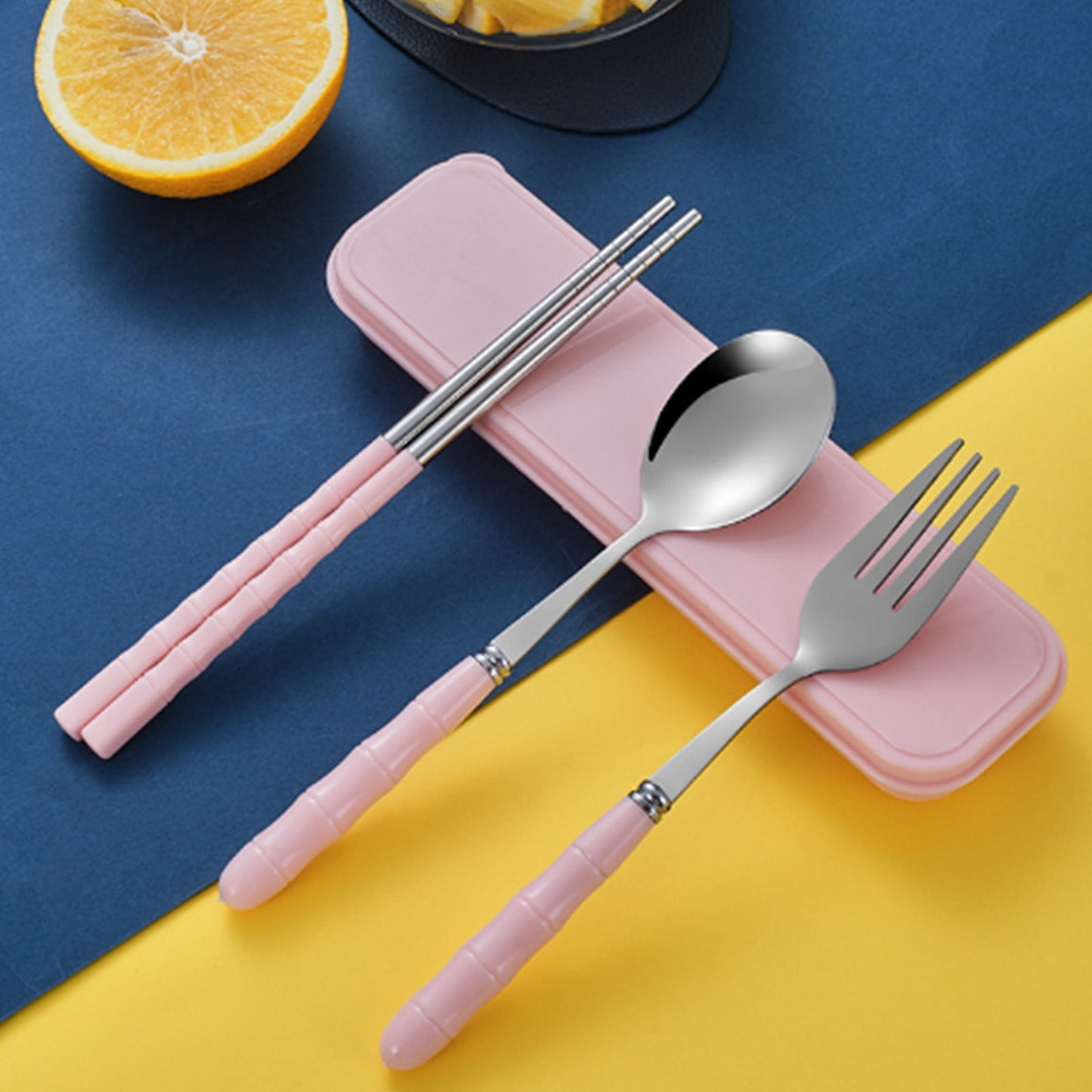 Stainless Steel Portable Cutlery Set with Case - Spoon Fork Chopsticks Utensil Kit for Office School Picnic Travel Bento Lunch, Pink