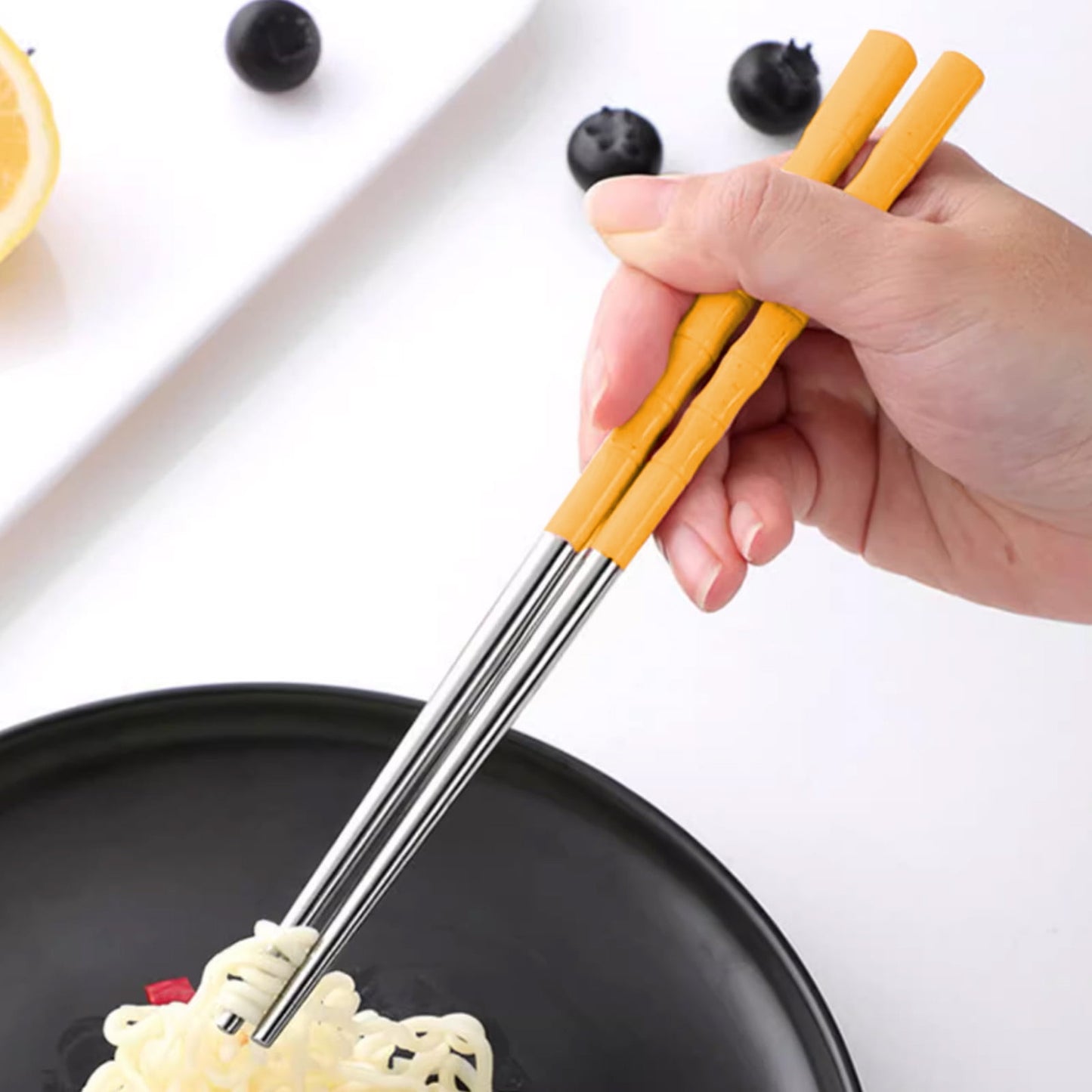 Stainless Steel Portable Cutlery Set with Case - Spoon Fork Chopsticks Utensil Kit for Office School Picnic Travel Bento Lunch, Yellow