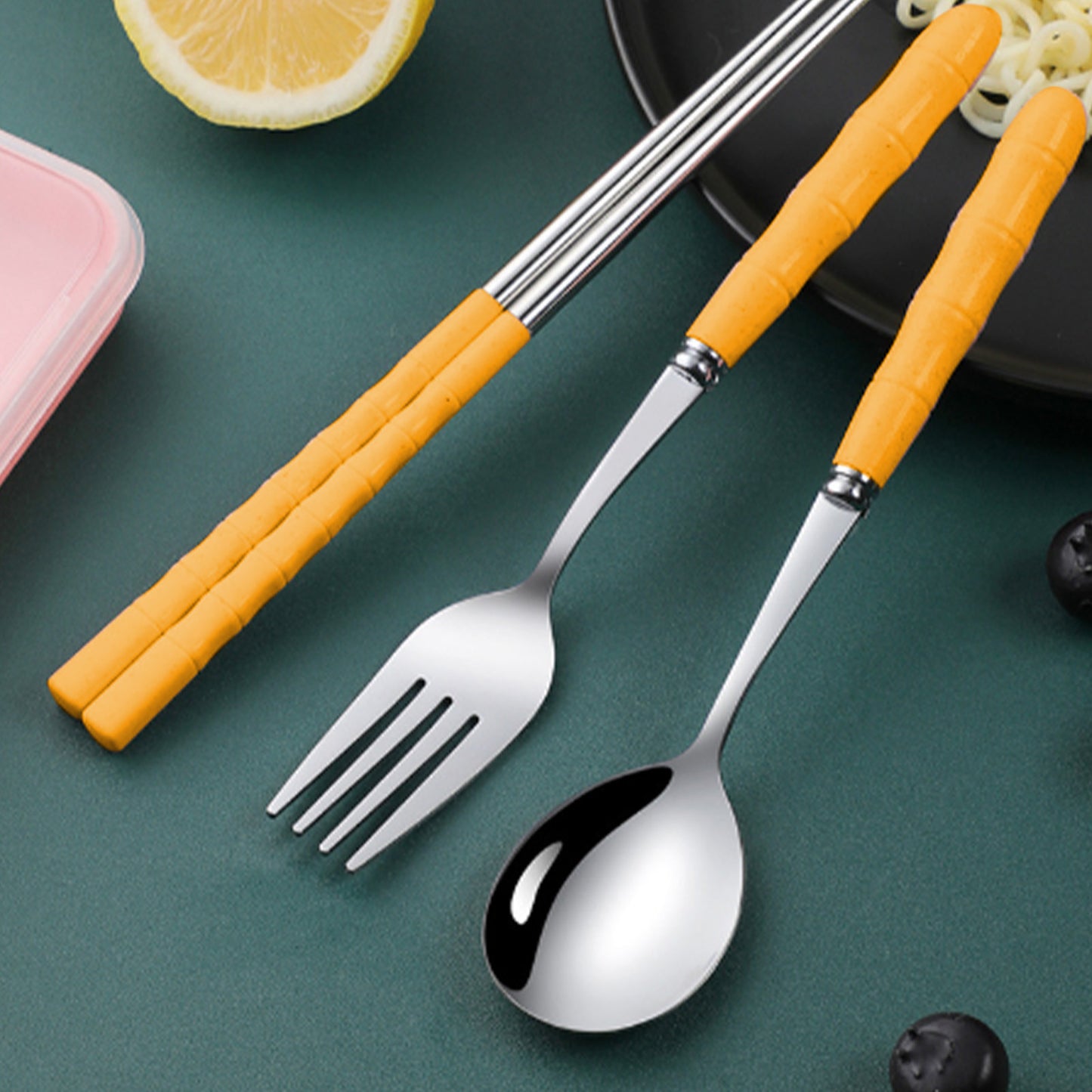 Stainless Steel Portable Cutlery Set with Case - Spoon Fork Chopsticks Utensil Kit for Office School Picnic Travel Bento Lunch, Yellow
