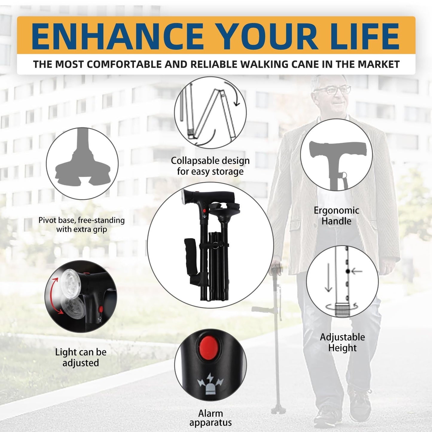 Walking Cane with Led Light and Alarm, Heavy Duty Folding Cane, Adjustable Cane Suitable for Arthritis Disabled and Elderly, Cane with Cushioned T Handle and Swivel Four Pedestal, 6.2x12.4 6.2" x 12.4" Black