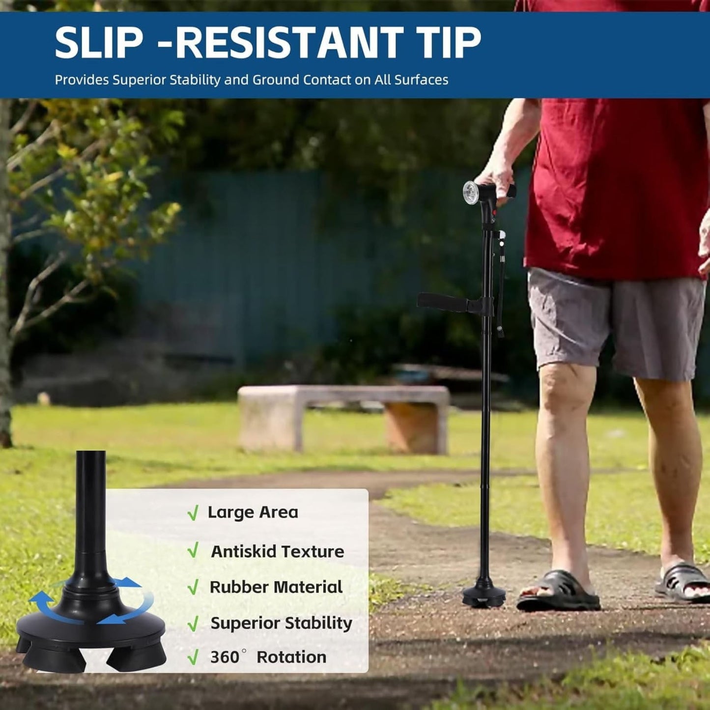 Walking Cane with Led Light and Alarm, Heavy Duty Folding Cane, Adjustable Cane Suitable for Arthritis Disabled and Elderly, Cane with Cushioned T Handle and Swivel Four Pedestal, 6.2x12.4 6.2" x 12.4" Black