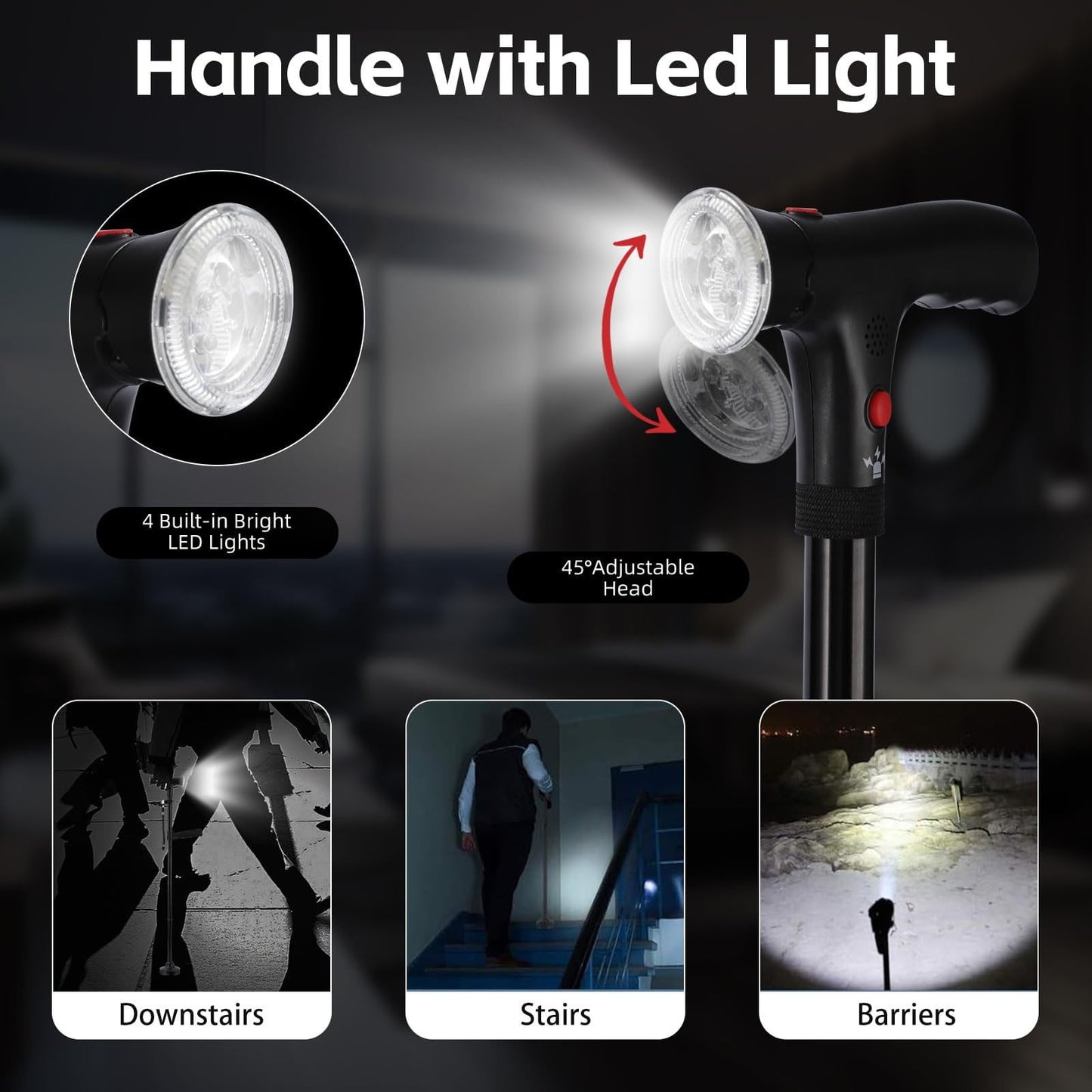 Walking Cane with Led Light and Alarm, Heavy Duty Folding Cane, Adjustable Cane Suitable for Arthritis Disabled and Elderly, Cane with Cushioned T Handle and Swivel Four Pedestal, 6.2x12.4 6.2" x 12.4" Black