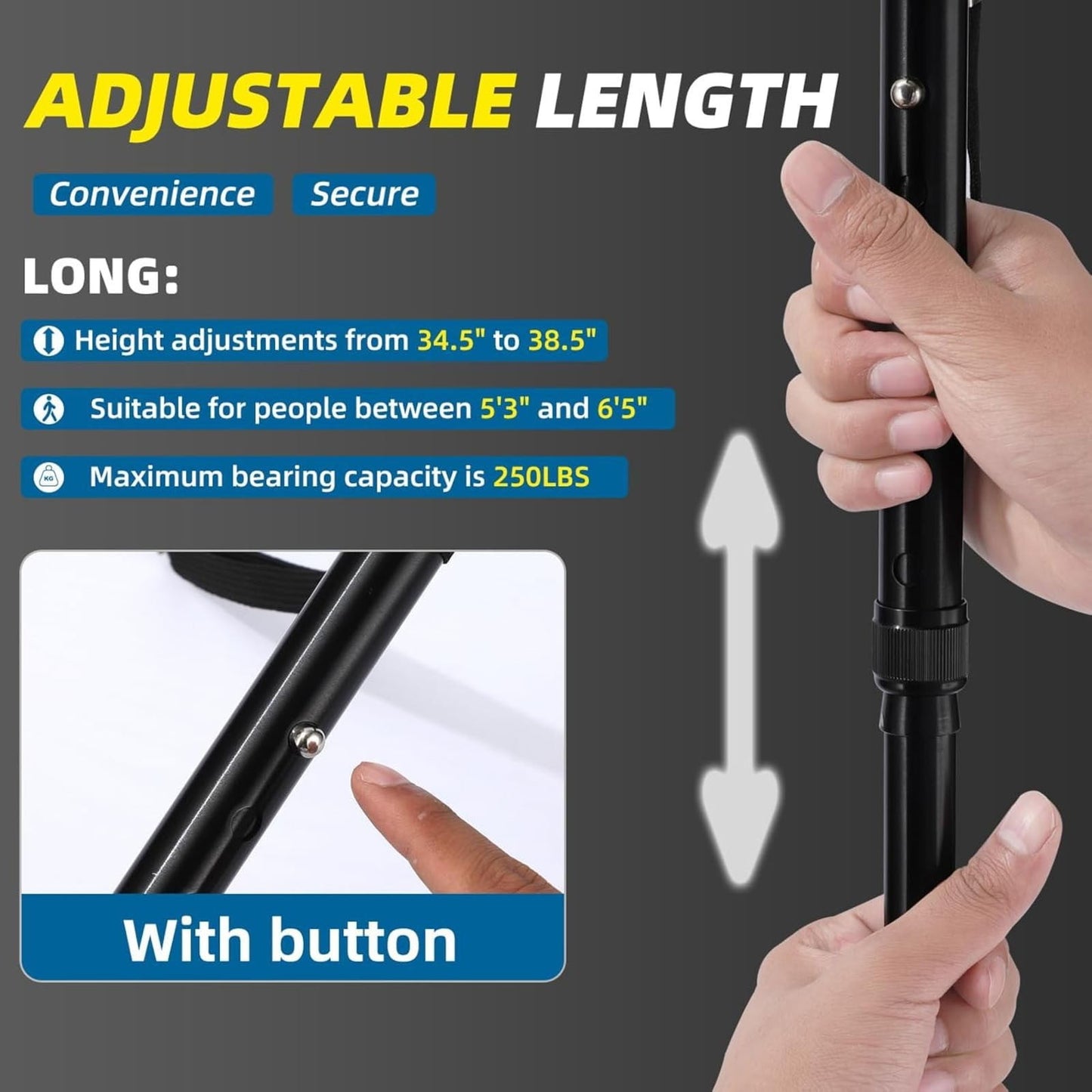 Walking Cane with Led Light and Alarm, Heavy Duty Folding Cane, Adjustable Cane Suitable for Arthritis Disabled and Elderly, Cane with Cushioned T Handle and Swivel Four Pedestal, 6.2x12.4 6.2" x 12.4" Black