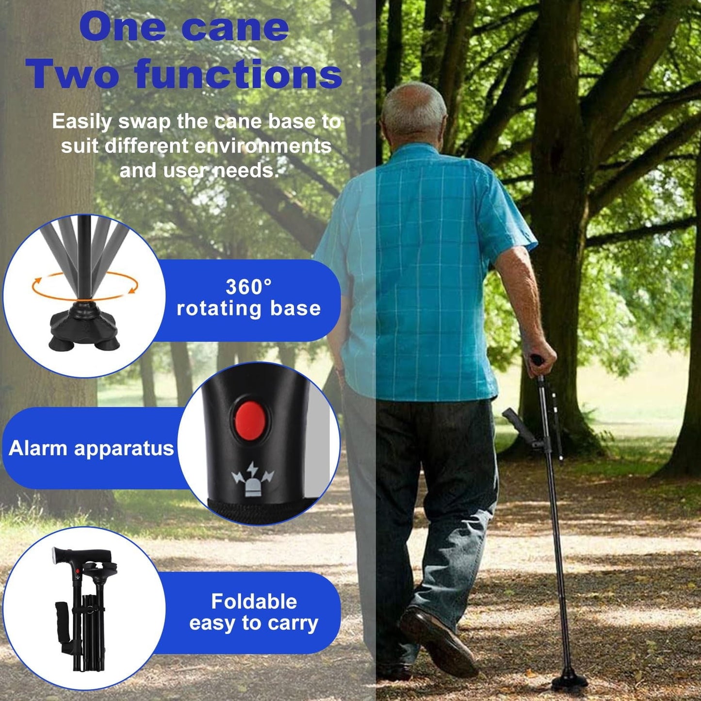 Walking Cane with Led Light and Alarm, Heavy Duty Folding Cane, Adjustable Cane Suitable for Arthritis Disabled and Elderly, Cane with Cushioned T Handle and Swivel Four Pedestal, 6.2x12.4 6.2" x 12.4" Black