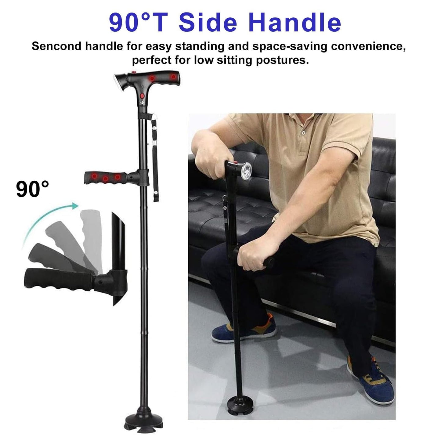 Walking Cane with Led Light and Alarm, Heavy Duty Folding Cane, Adjustable Cane Suitable for Arthritis Disabled and Elderly, Cane with Cushioned T Handle and Swivel Four Pedestal, 6.2x12.4 6.2" x 12.4" Black