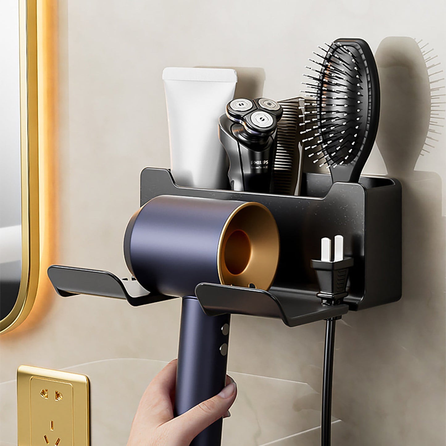 Hair Dryer Holder Wall Mounted, Self-Adhesive Blow Dryer Holder with 3 Storage Compartments, Plastic Hair Tool Organizer for Cabinet Bathroom, White, 6.5x2.75x4.92 6.5" x 2.75" x 4.92" Black
