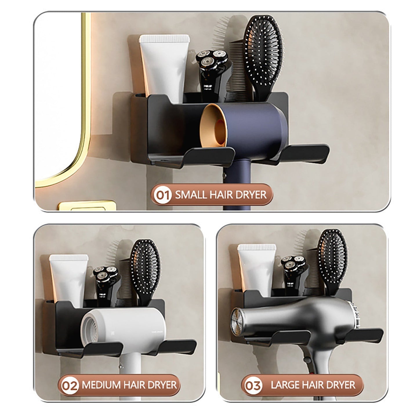 Hair Dryer Holder Wall Mounted, Self-Adhesive Blow Dryer Holder with 3 Storage Compartments, Plastic Hair Tool Organizer for Cabinet Bathroom, White, 6.5x2.75x4.92 6.5" x 2.75" x 4.92" Black