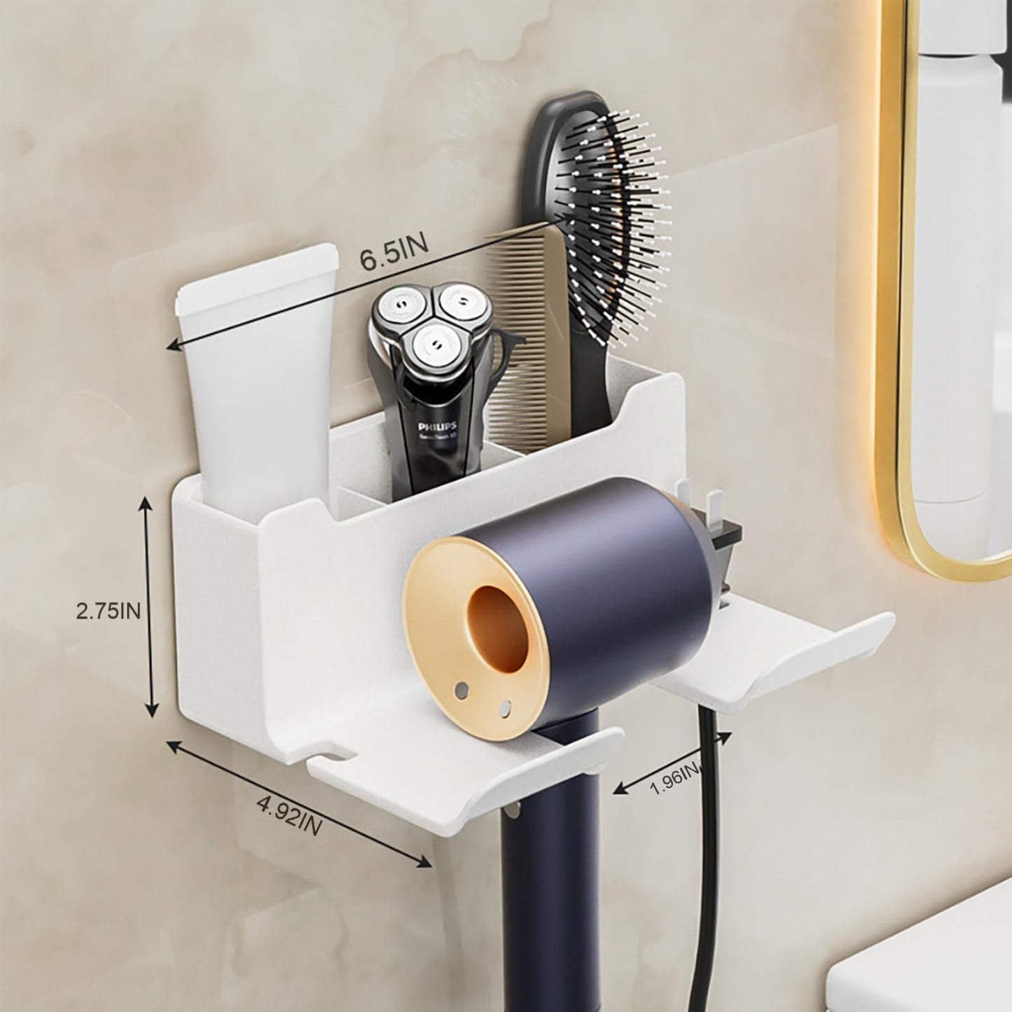 Hair Dryer Holder Wall Mounted, Self-Adhesive Blow Dryer Holder with 3 Storage Compartments, Plastic Hair Tool Organizer for Cabinet Bathroom, White, 6.5x2.75x4.92 6.5" x 2.75" x 4.92" White