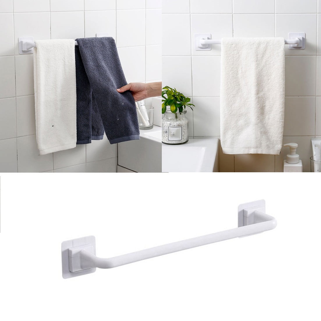 Self Adhesive Towel Bar, Heavy Duty No Drill Hand Towel Hanger for Bathroom and Kitchen Towel Storage Self, (Black/1 Pcs) 15Inches 10.63" White