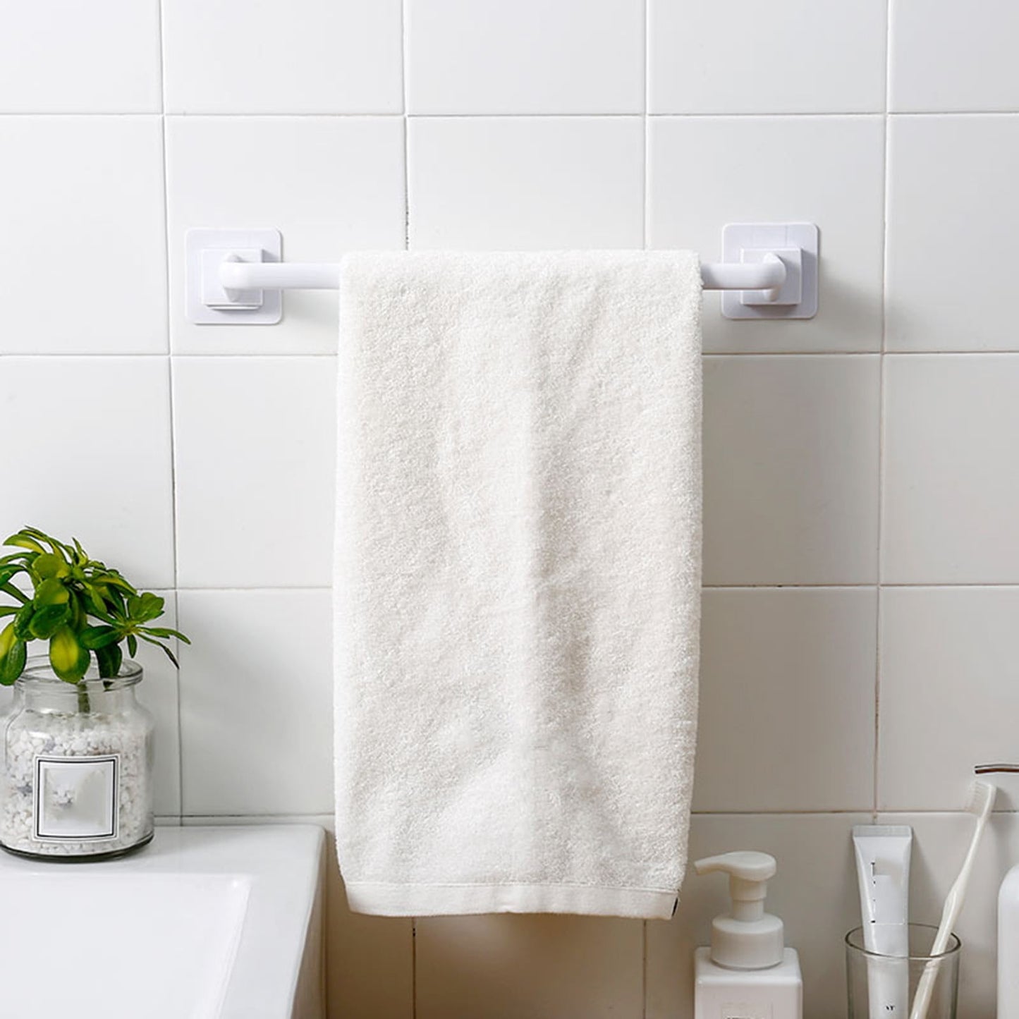 Self Adhesive Towel Bar, Heavy Duty No Drill Hand Towel Hanger for Bathroom and Kitchen Towel Storage Self, (Black/1 Pcs) 15Inches 10.63" White