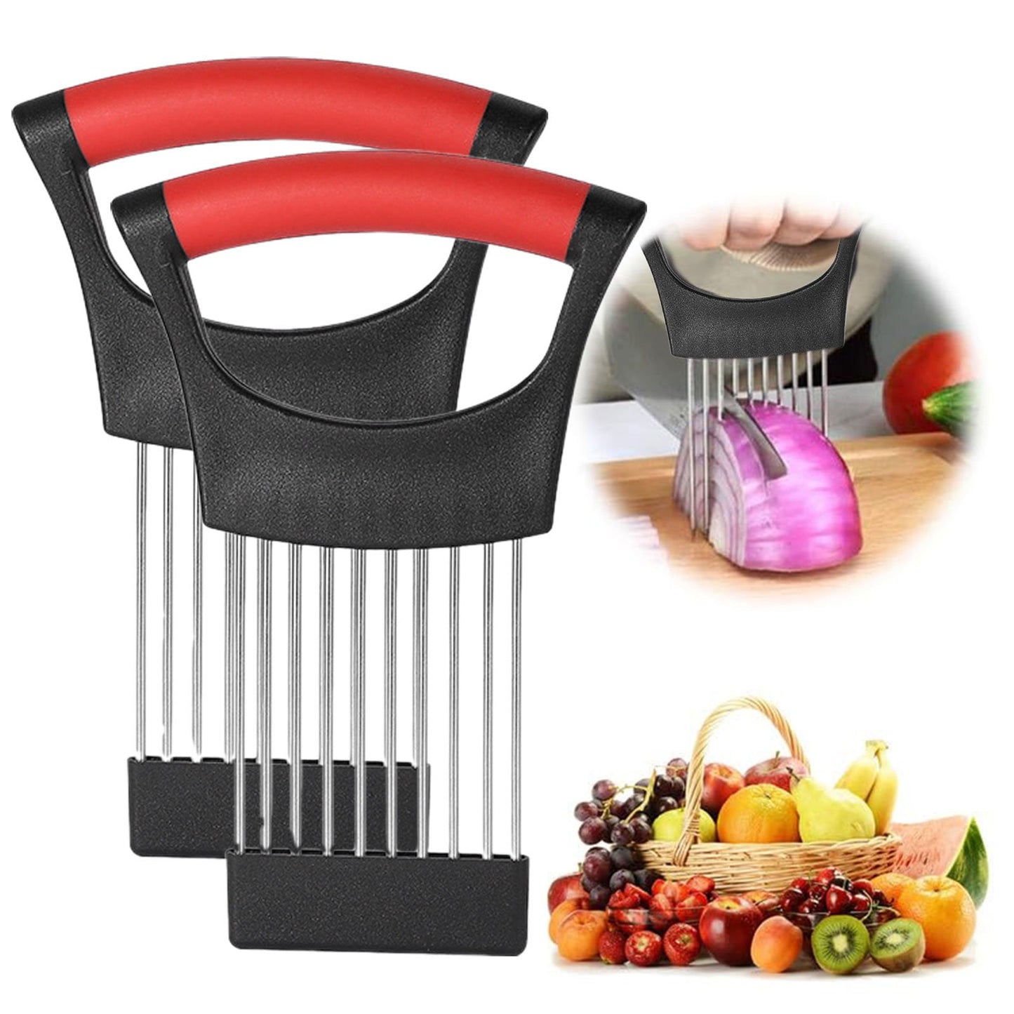 Onion Holder for Slicing Onion, Slice Holder Kitchen Chopper Assistant Tool, Vegetable Cutter with Protective Cover for Tomato, Lemon, Potato, Egg, Food Slice Assistant, Home Kitchen Tool, 2 Pcs 3.74" x 5.63" Green/2 Pcs