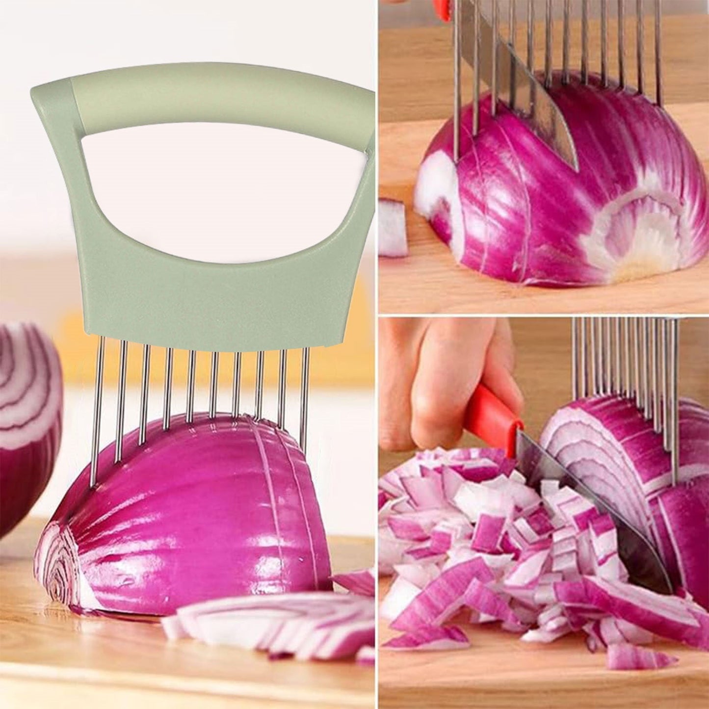 Onion Holder for Slicing Onion, Slice Holder Kitchen Chopper Assistant Tool, Vegetable Cutter with Protective Cover for Tomato, Lemon, Potato, Egg, Food Slice Assistant, Home Kitchen Tool, 2 Pcs 3.74" x 5.63" Green/2 Pcs