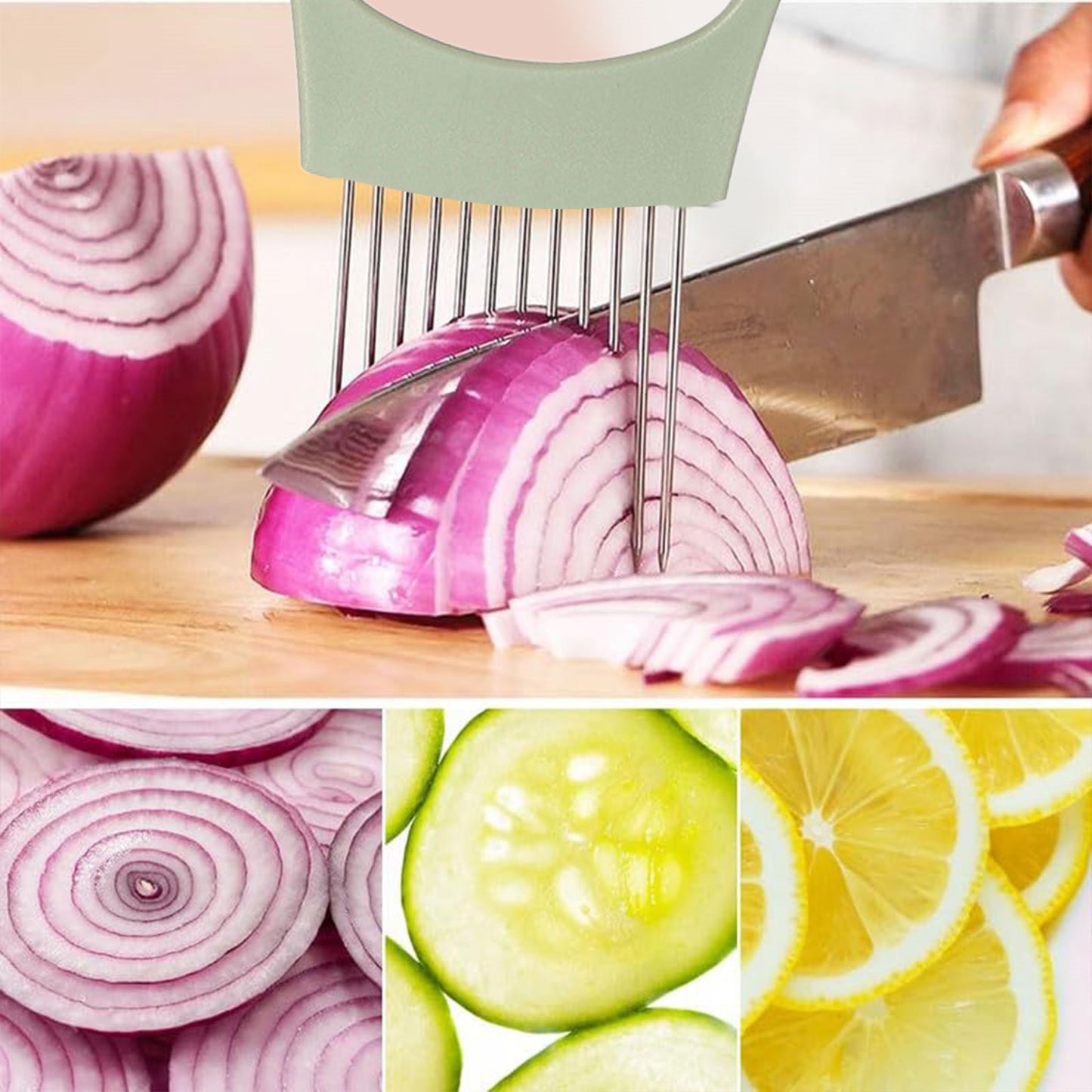 Onion Holder for Slicing Onion, Slice Holder Kitchen Chopper Assistant Tool, Vegetable Cutter with Protective Cover for Tomato, Lemon, Potato, Egg, Food Slice Assistant, Home Kitchen Tool, 2 Pcs 3.74" x 5.63" Green/2 Pcs