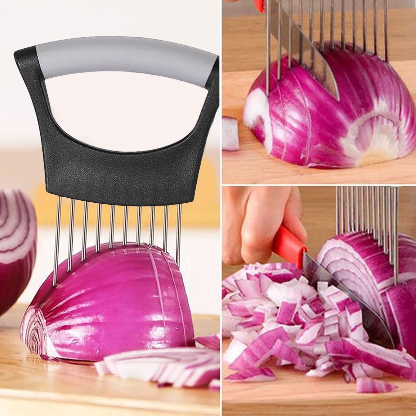 Onion Holder for Slicing Onion, Slice Holder Kitchen Chopper Assistant Tool, Vegetable Cutter with Protective Cover for Tomato, Lemon, Potato, Egg, Food Slice Assistant, Home Kitchen Tool, 2 Pcs 3.74" x 5.63" Red/2 Pcs