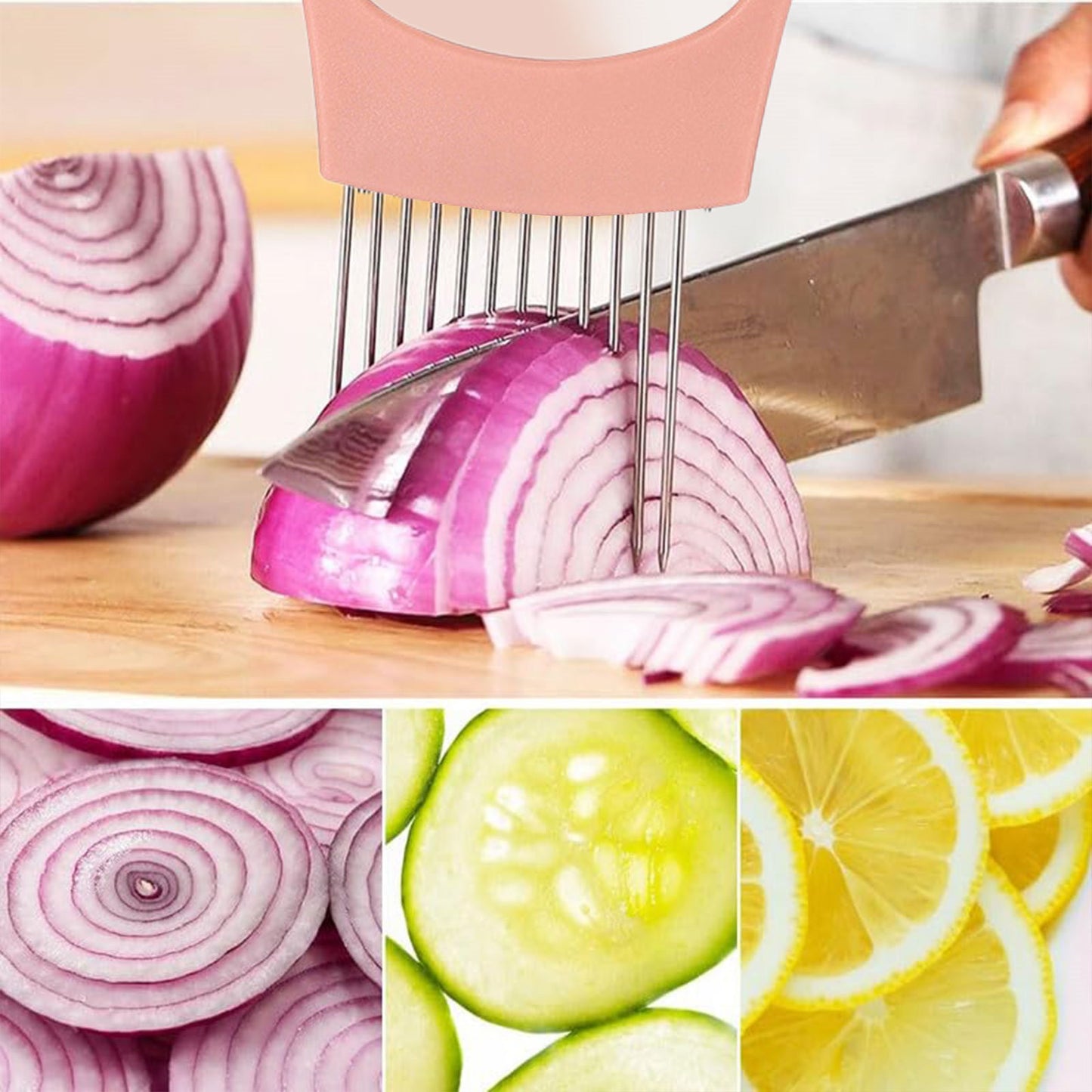 Onion Holder for Slicing Onion, Slice Holder Kitchen Chopper Assistant Tool, Vegetable Cutter with Protective Cover for Tomato, Lemon, Potato, Egg, Food Slice Assistant, Home Kitchen Tool, 2 Pcs 3.74" x 5.63" Red/2 Pcs