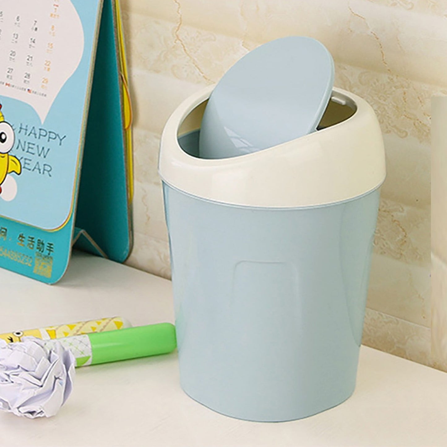 Plastic Mini Trash Can, Heavy Duty Wastebasket with Lid, Tiny Bathroom Trash Can with Swing lid, Small Countertop Waste Basket for Home Office Kitchen Vanity Tabletop (Green) 6.61x4.02x5.20 6.61" x 4.02" x 5.20" Pink