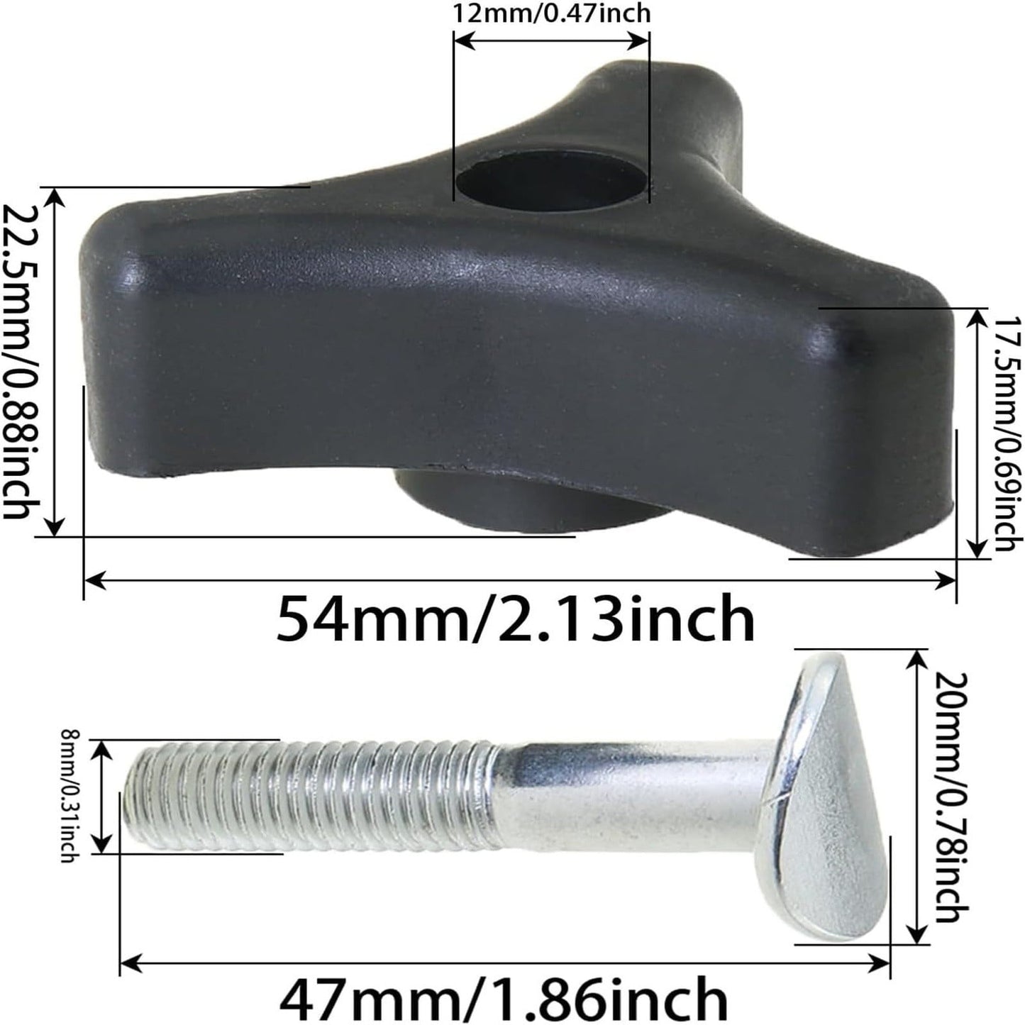 Lawn Mower Handle Knobs Nut Bolt, Heavy Duty Triangular Handle Fastening Screw, Replacement for Lawn Mower, 1 Set, 2.13x0.88" & 1.86x0.78 Multisize Black