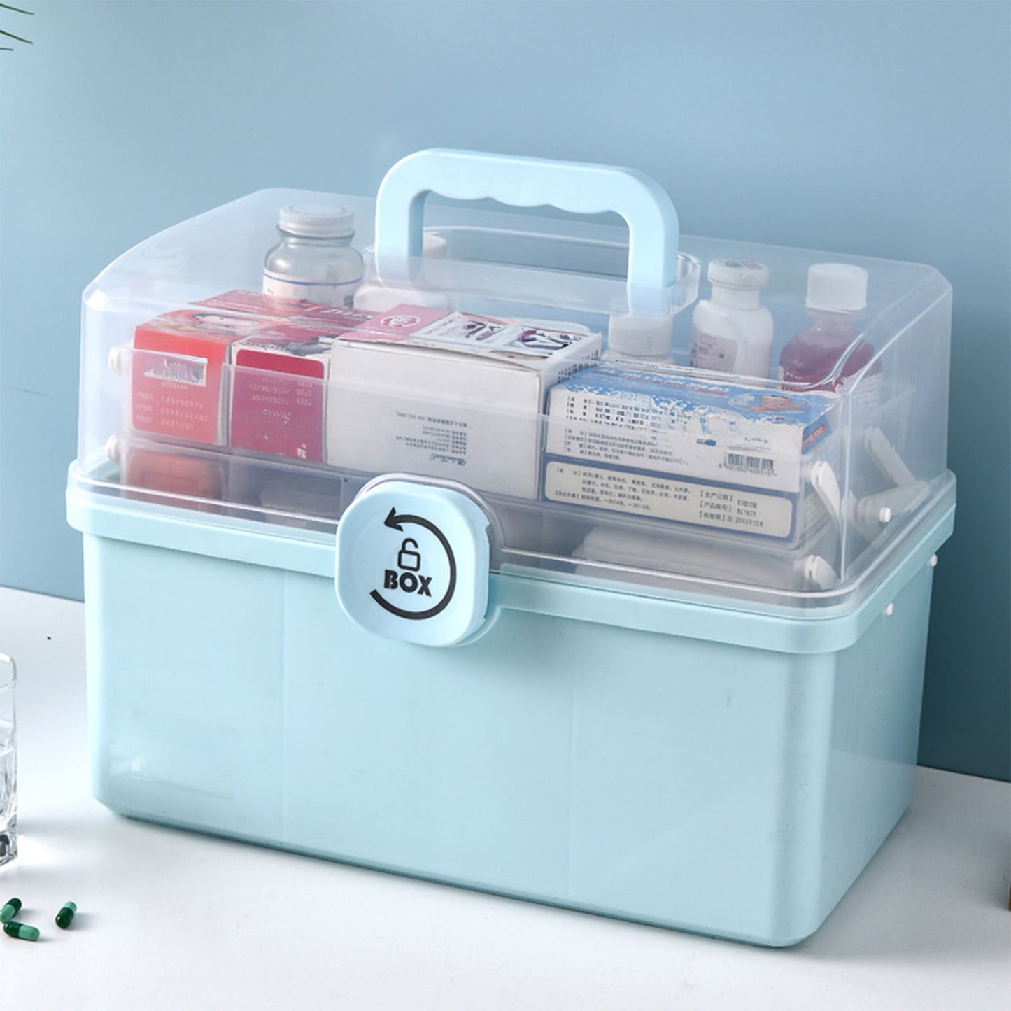 Medicine Storage Box, 3-Tier Foldable Tray Medicine Storage Containers, Removable Pill Case & Handled, Empty Family First Aid Box for Medicine, Art Supplies, Plastic Family Emergency Kit Blue
