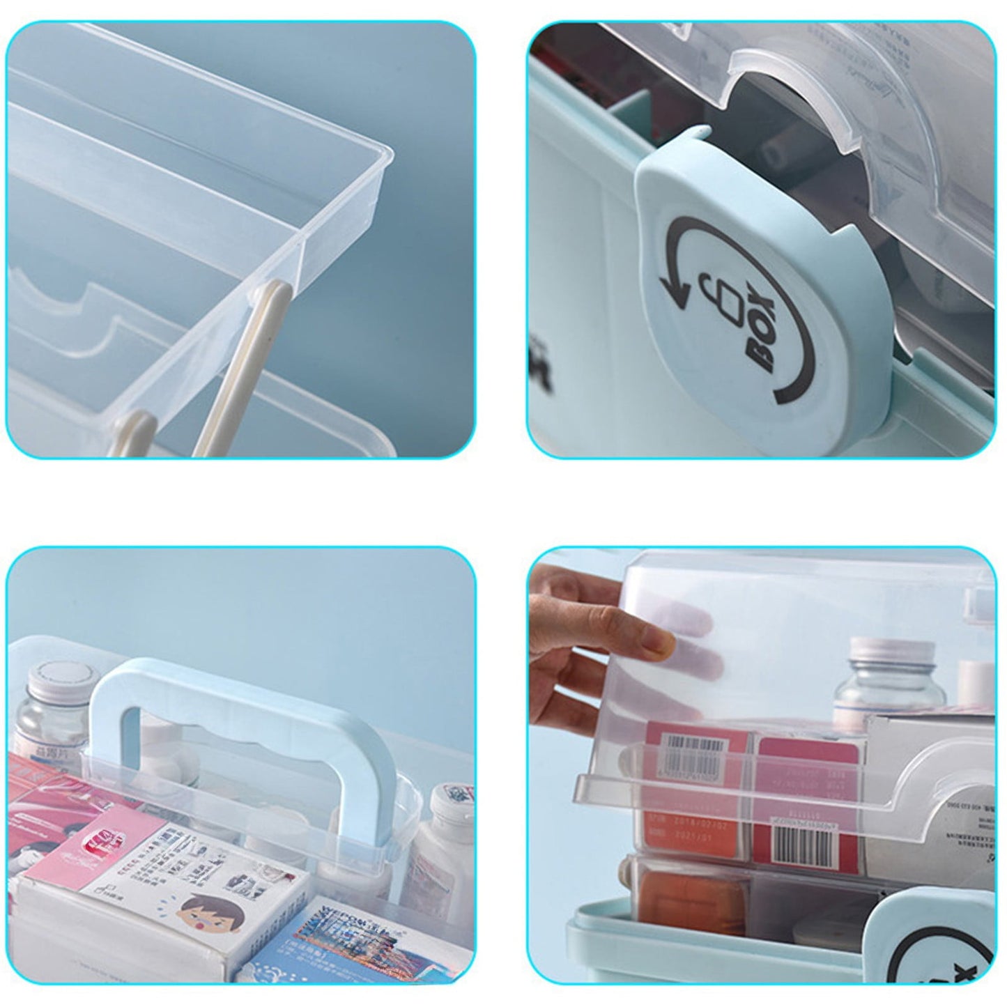 Medicine Storage Box, 3-Tier Foldable Tray Medicine Storage Containers, Removable Pill Case & Handled, Empty Family First Aid Box for Medicine, Art Supplies, Plastic Family Emergency Kit Blue