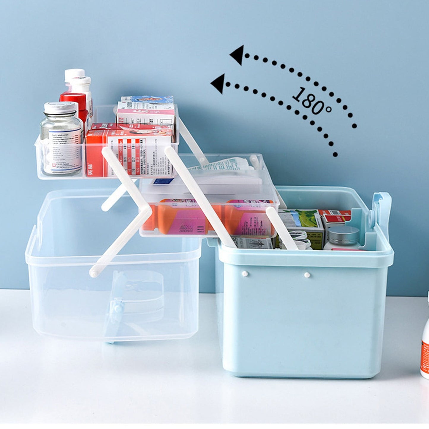 Medicine Storage Box, 3-Tier Foldable Tray Medicine Storage Containers, Removable Pill Case & Handled, Empty Family First Aid Box for Medicine, Art Supplies, Plastic Family Emergency Kit Blue