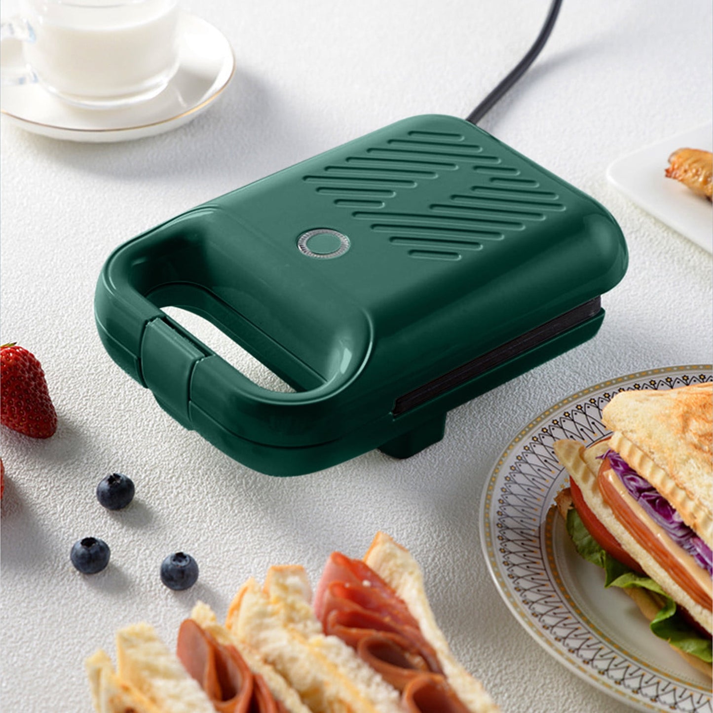 Mini Waffle Maker Machine,Sandwich Iron Maker Press Toaster Grilled Cheese Breakfast,Compact Design LED Indicator Lights,Portable Handle Non-stick for Breakfast,Dessert Green